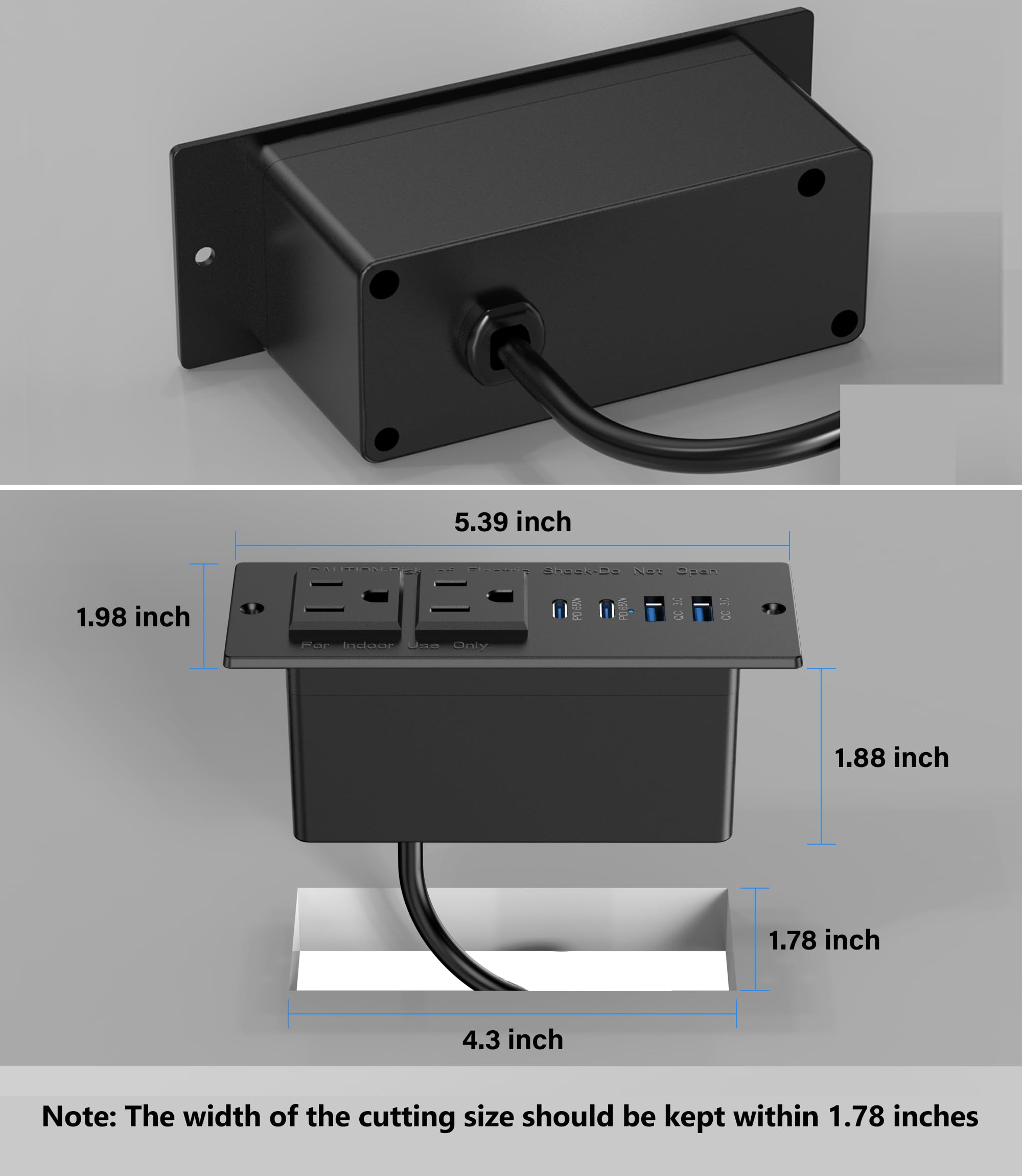 Haiaoyyds Recessed Desk Power Bar – 7-in-1 With 3 Outlets, 4 USB Ports (65W PD USB-C), 900J Surge Protection, 2M Cable For Furniture & Nightstands