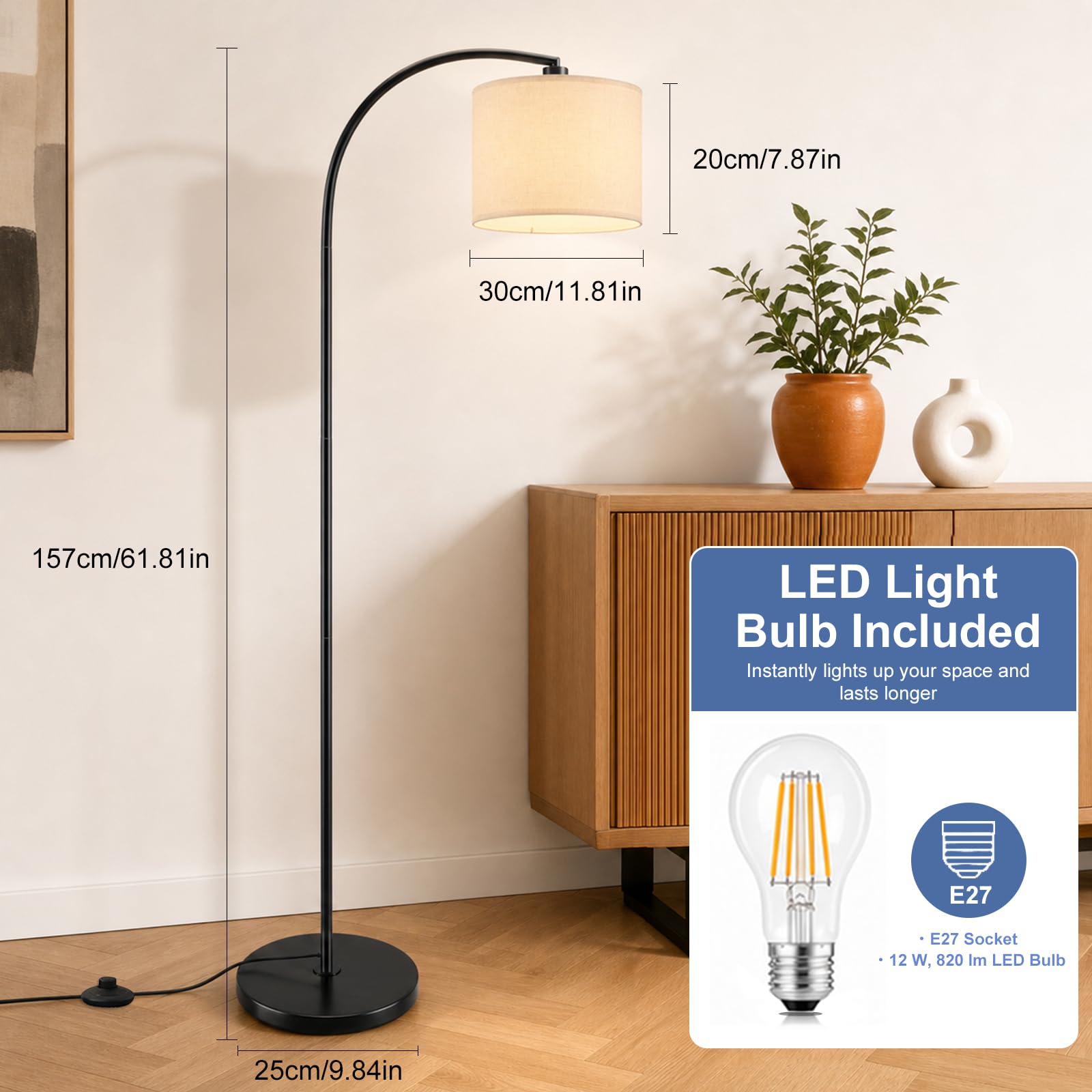 Stehlampe Wohnzimmer, 161cm Bogenlampe, 270°Drehbarer Lampenkopf mit Verstellem Beigen Leinen-Lampenschirm & Fußschalter, Leselampe Stehleuchte für Wohnzimmer, mit 12W Dreifarben (Schwarz)