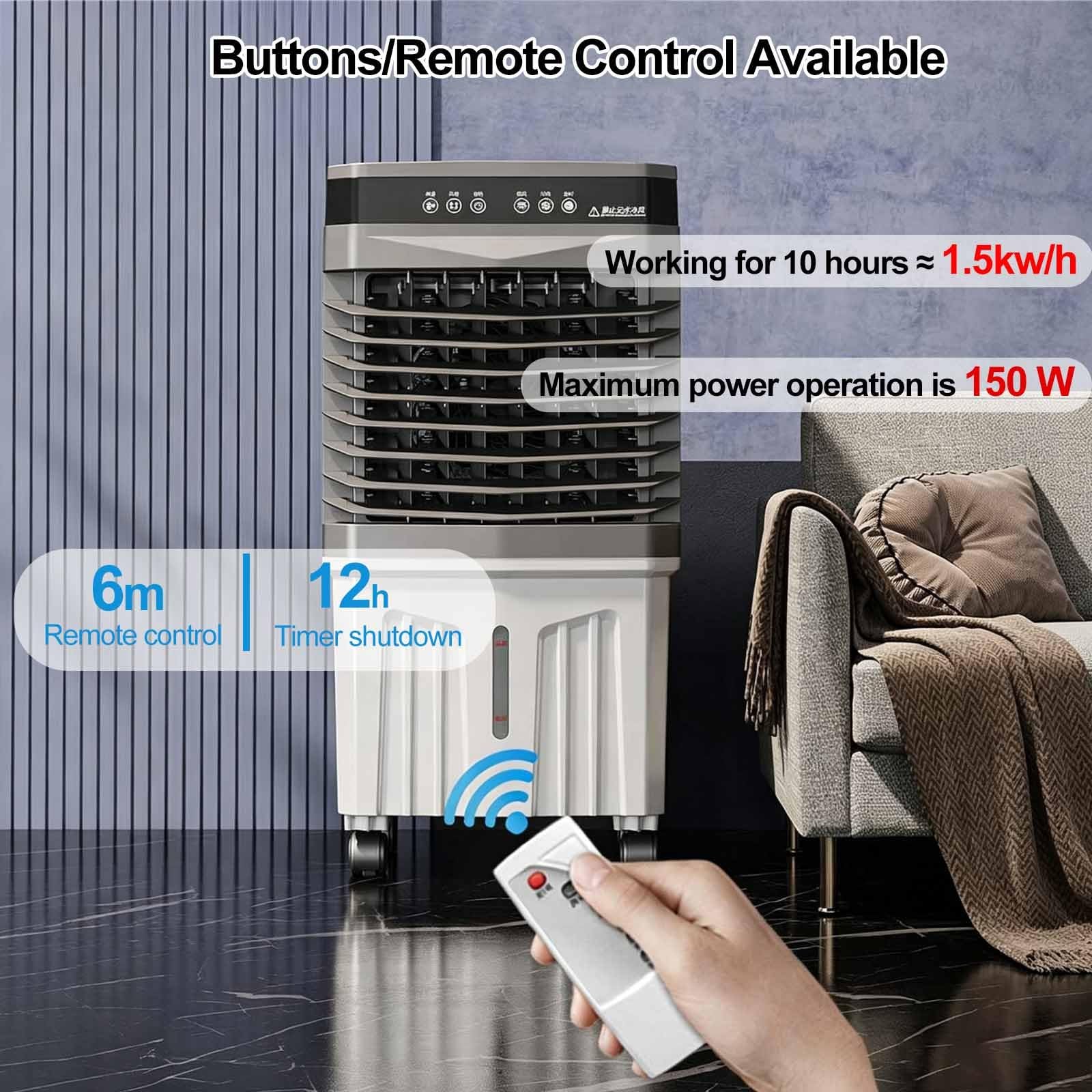 Raffrescatore evaporativo, ventola di raffreddamento ad acqua a 3 velocità | Ampio serbatoio dell'acqua, bassa rumorosità, 150 W, ampia oscillazione 120°, per soggiorno garage camera da letto(A,40L)