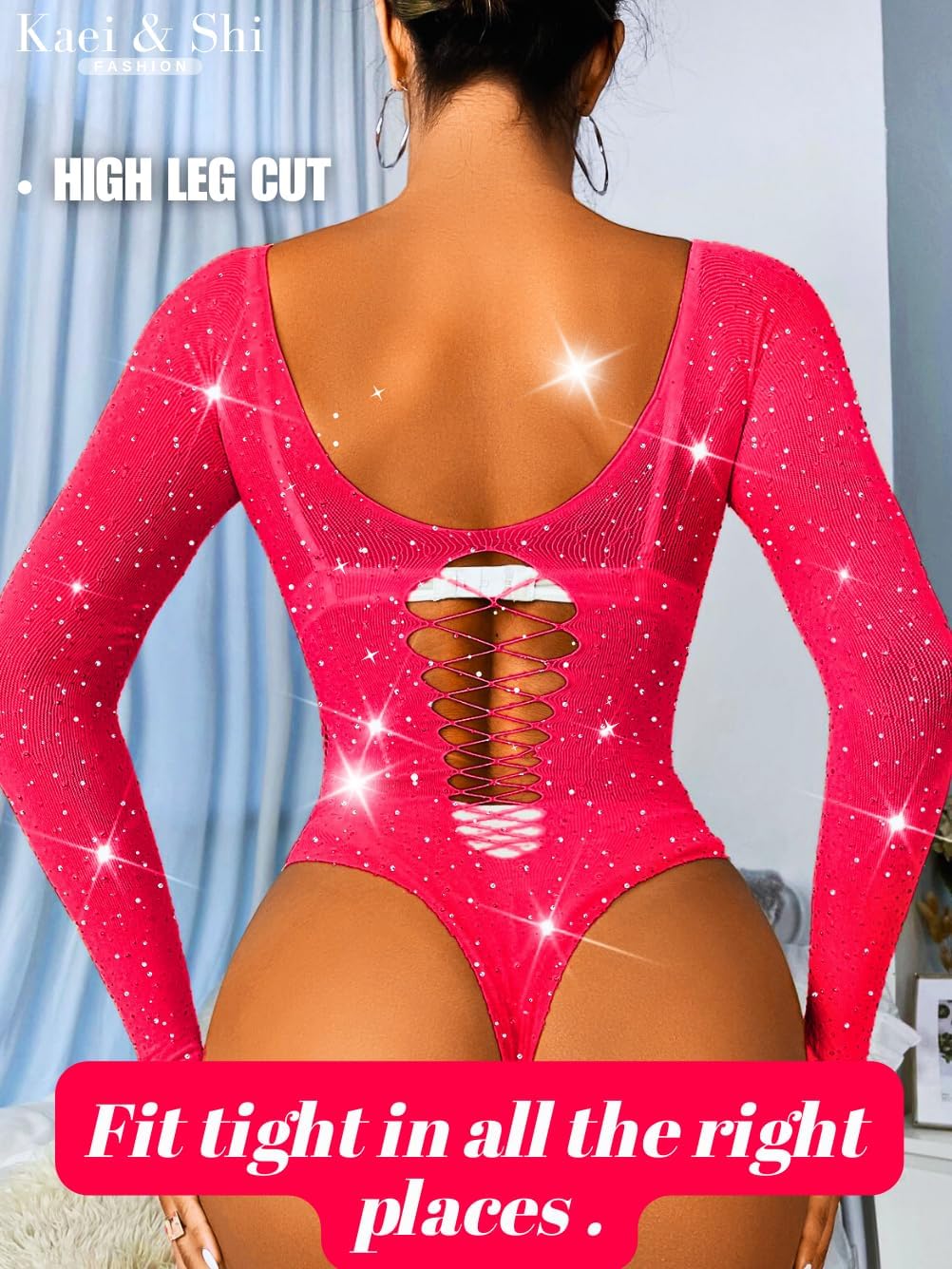 Kaei&Shi Rave Outfits For Women, Rhinestone Bodysuit Fits 0-16, Exotic Dancer Sexy Tops, Fishnet Stripper Plus Size Lingerie - Image 3