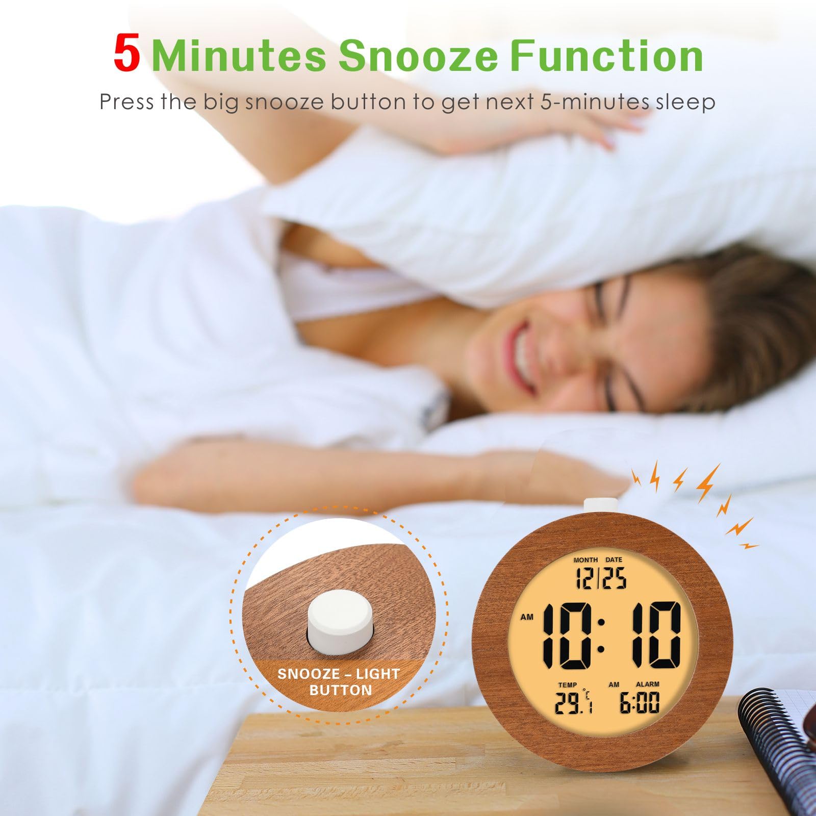 Plumeet Reloj despertador digital de madera para dormitorios, reloj despertador de madera de 4 pulgadas con repetición y luz nocturna, reloj electrónico LCD de escritorio que muestra la hora, fecha,