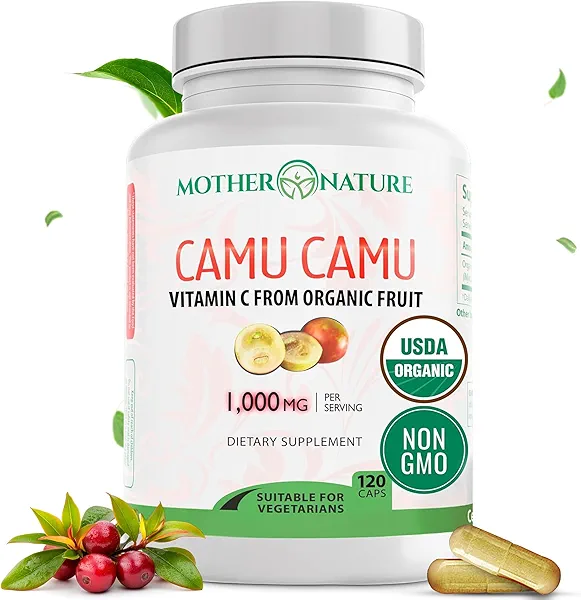 Organic Vitamin C from Camu Camu Capsules 1,000mg, Packed with Natural VIT C, Raw Antioxidants - Immune Support Supplement & Anti-Aging for Skin - Powder Organic, Vegan, Non-GMO (120 Count)