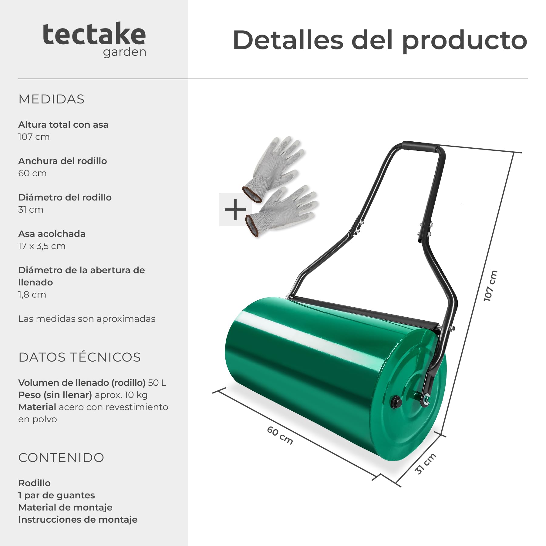 tectake Rodillo de Césped de Metal 60 cm de Ancho para Remover la Tierra para Plantas, con Rascador de Suciedad, Rodillo Compactador Tierra, Mango Acolchado, Decoracion Jardin Exterior - 50 litros