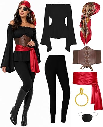 CICOCI Pirate Costume For Women With Accessories Renaissance Blouse Top Belt Headscarf Full Outfits Halloween Costume