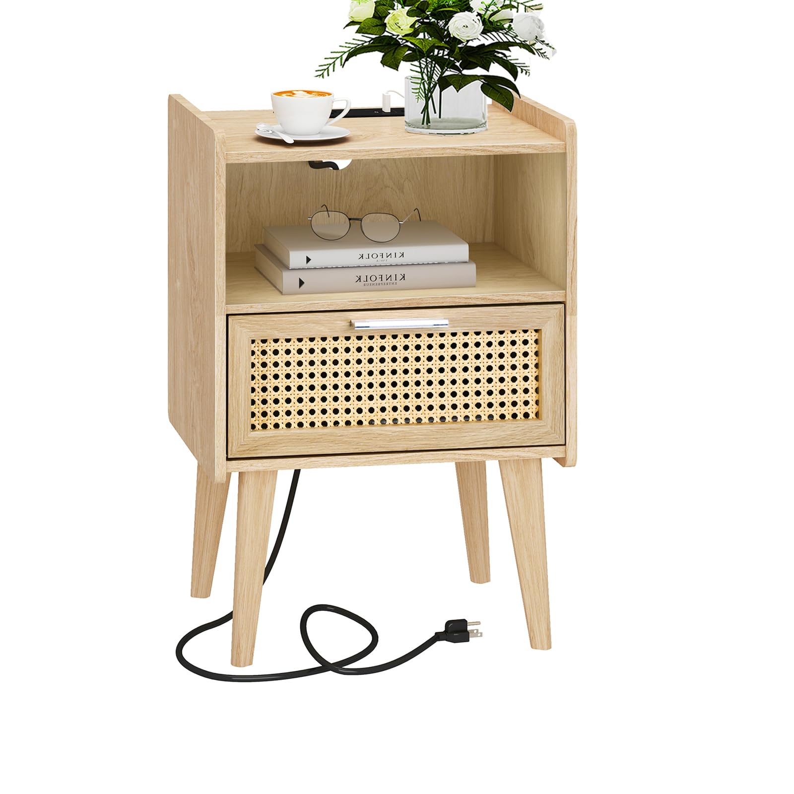 Rattan Nightstand with Charging Station,Small Side Table with Drawers, End Table, Rattan Furniture, Bed Sdie Table for Small Bedroom, Living Room, Natural, XXCTG58YE
