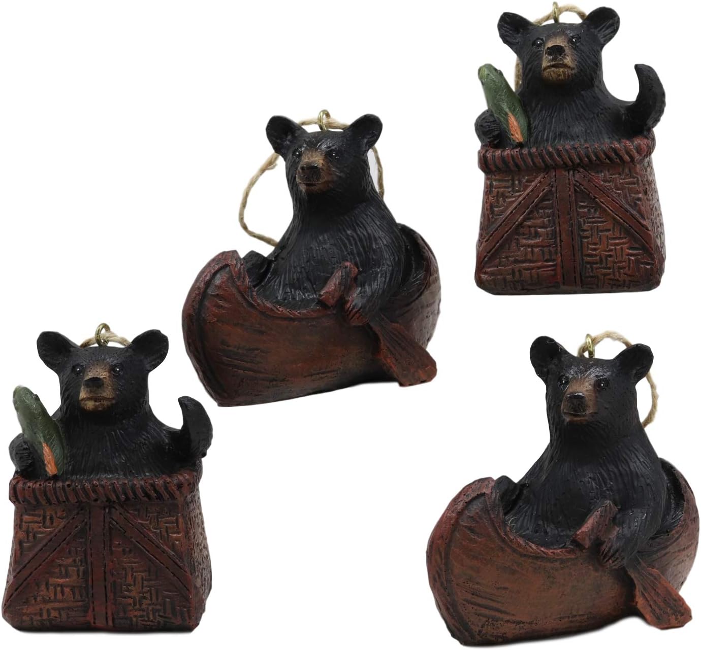 Ebros Western Rustic Set of 2 Black Bears in Canoe Boat Fishing Basket Christmas Tree Branch Ornaments Hanging Decor Figurine