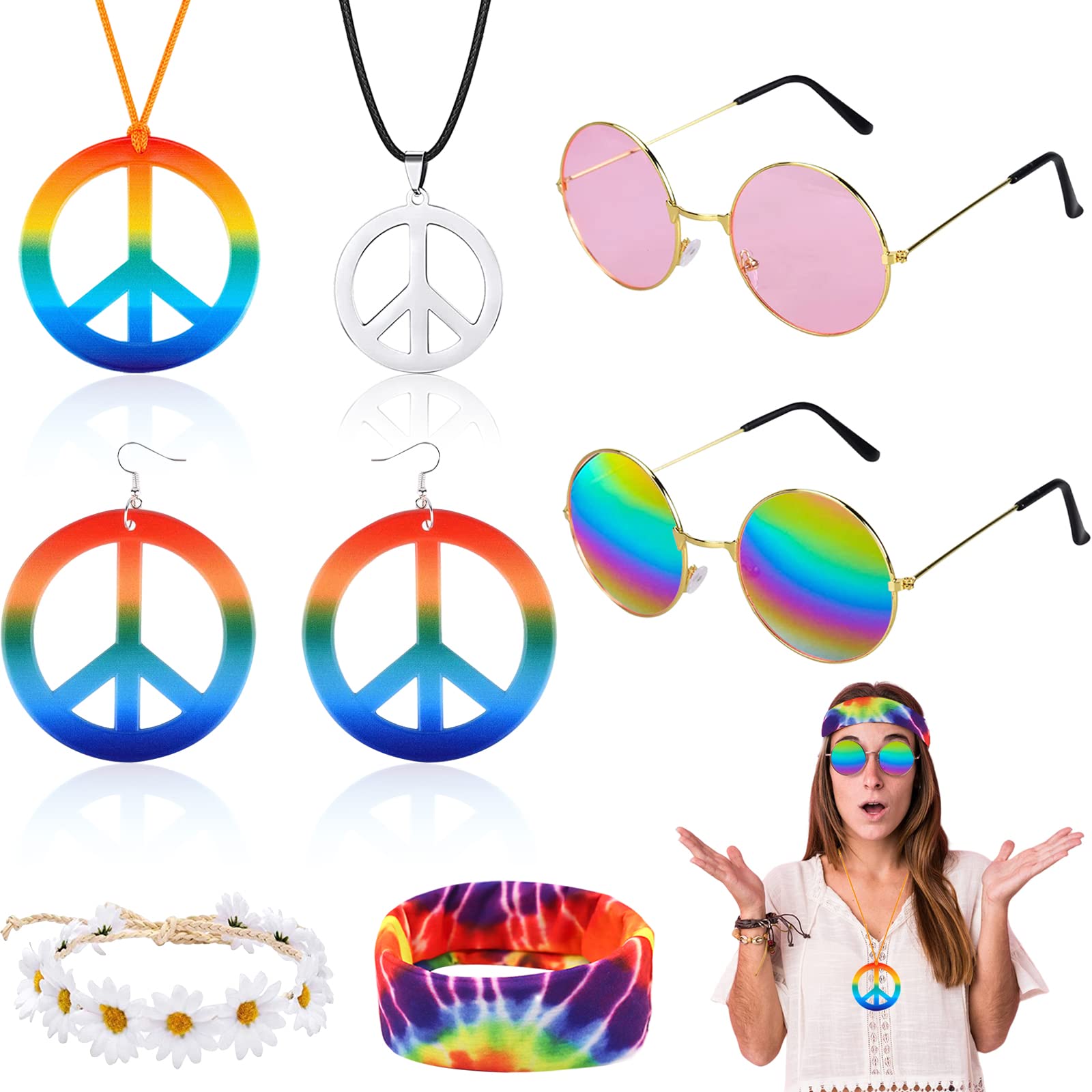 Costume Hippie Années 70 Complet Pour Homme - T-Shirt Tie-Dye, Perruque Noire, Lunettes Rétro, Collier Paix & Accessoires Pour Fêtes Vintage Et Carnaval