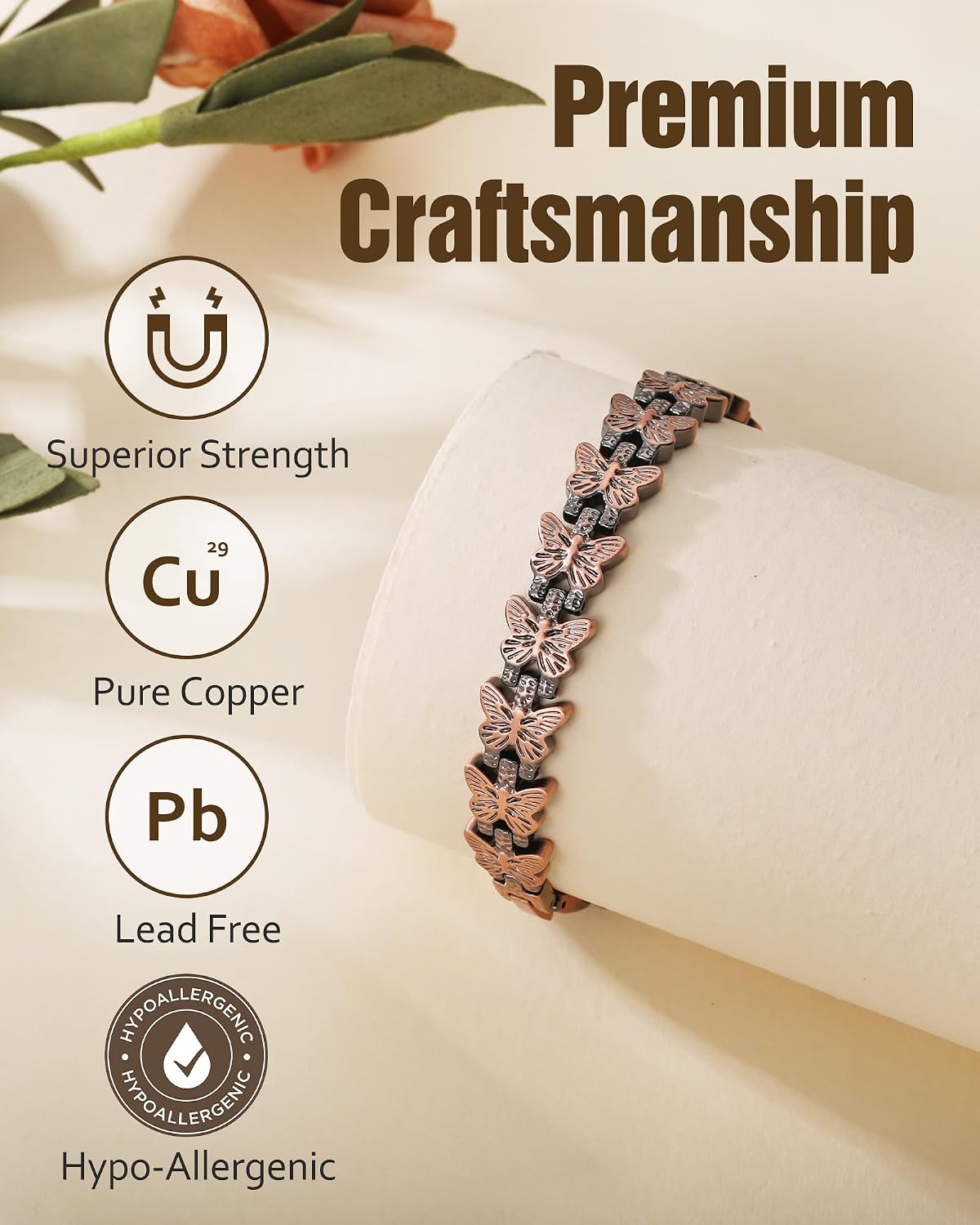 Jecanori Pure Copper Bracelet for Women,Copper Magnetic Bracelet With 3500 Gauss Magnets, Adjustable Jewelry Gift with Sizing Tool