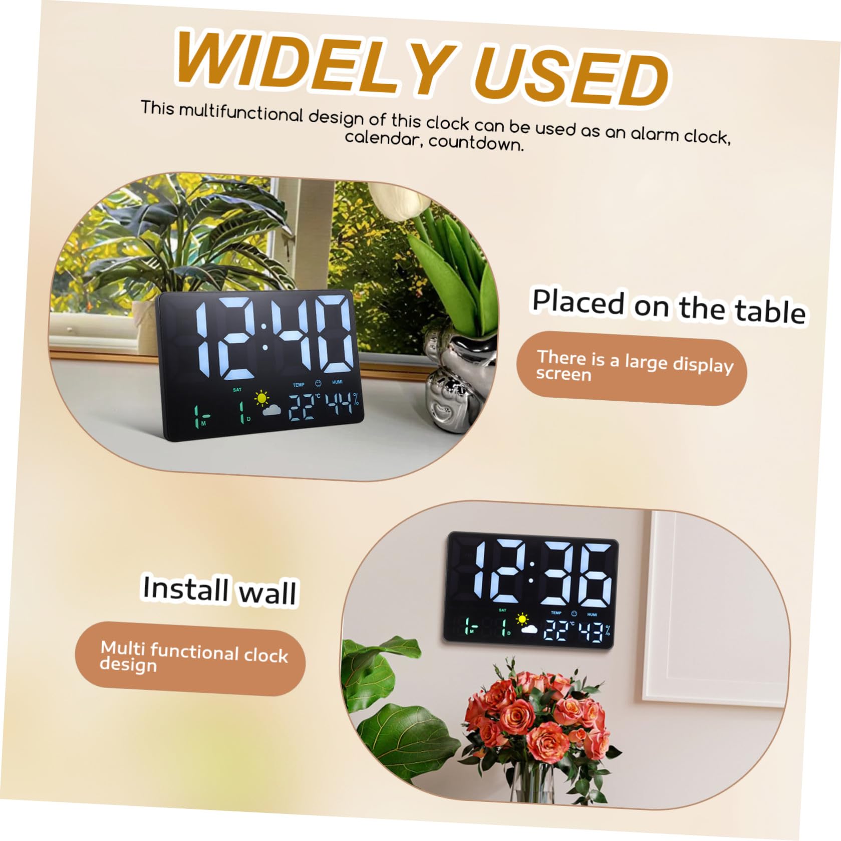 GALPADA Orologio Digitale da Parete LED Nero Grande Display e Allarme | Temperatura Interna, Calendario Integrato, Plastico per Ufficio e Soggiorno