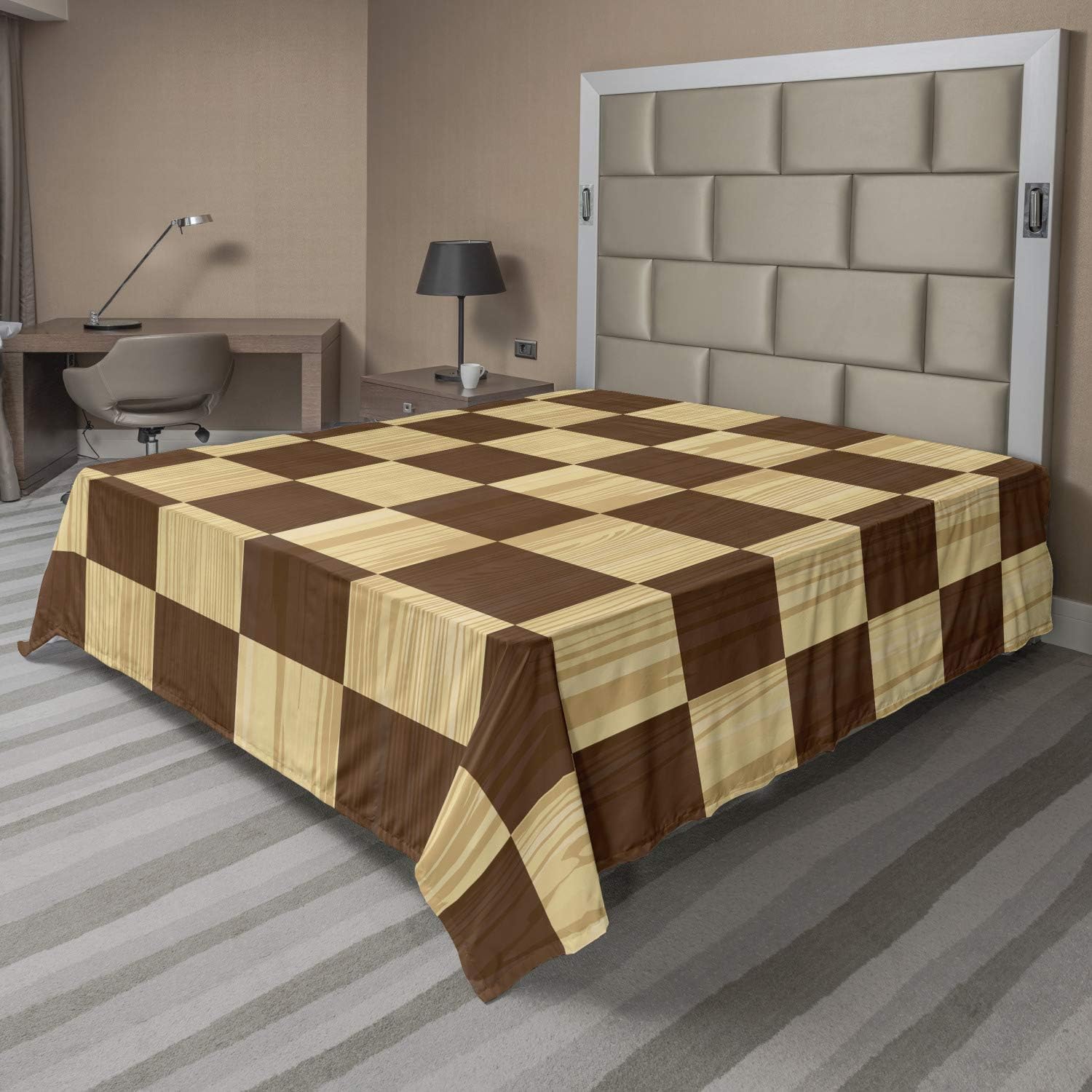 Ambesonne Checkered Flat Sheet, Empty Checkerboard Wooden Seem Mosaic Texture Image Chess Game Hobby Theme, Soft and Comfortable Top Sheet Decorative Bedding 1 Piece, Full Size, Brown Pale Brown