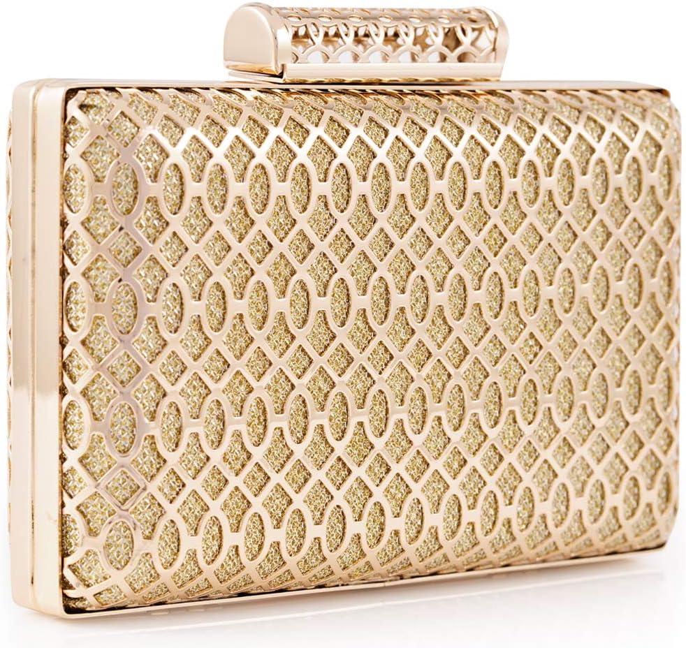 LONGBLE Womens Exquisite Gold Evening Clutch Bag Geometric Metal Frame Glittering Handbags, 16.5cm x 10.5cm x 4cm/6.5? x 4.1? x 1.6?