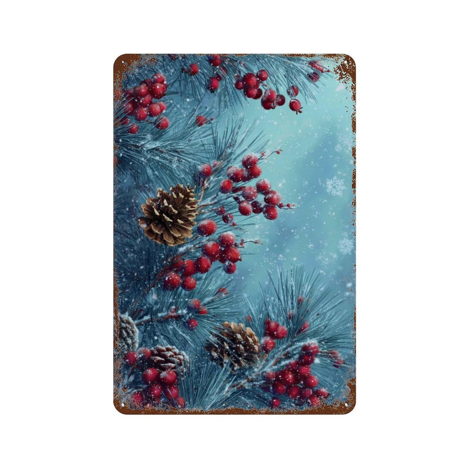 Rust Effect Winter Wonderland Pine Branches Weathered Tin Sign 11.8"x7.9", Retro Wall Decor for Garage, Bar And Workshop Decor