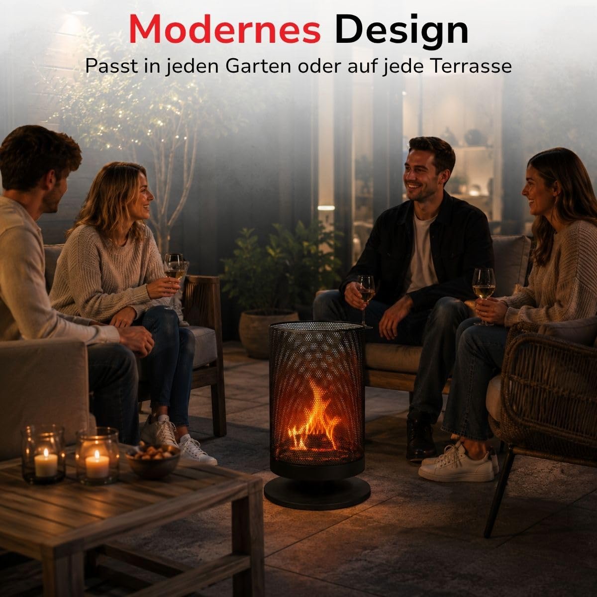 BBQ Collection Feuertonne mit Funkenschutz - Feuerkorb 44,5 x 72,5 cm - Terassenofen mit Schürhaken - Feuerstelle Outdoor für Garten und Terrasse - Terrassenfeuer - Karbonstahl