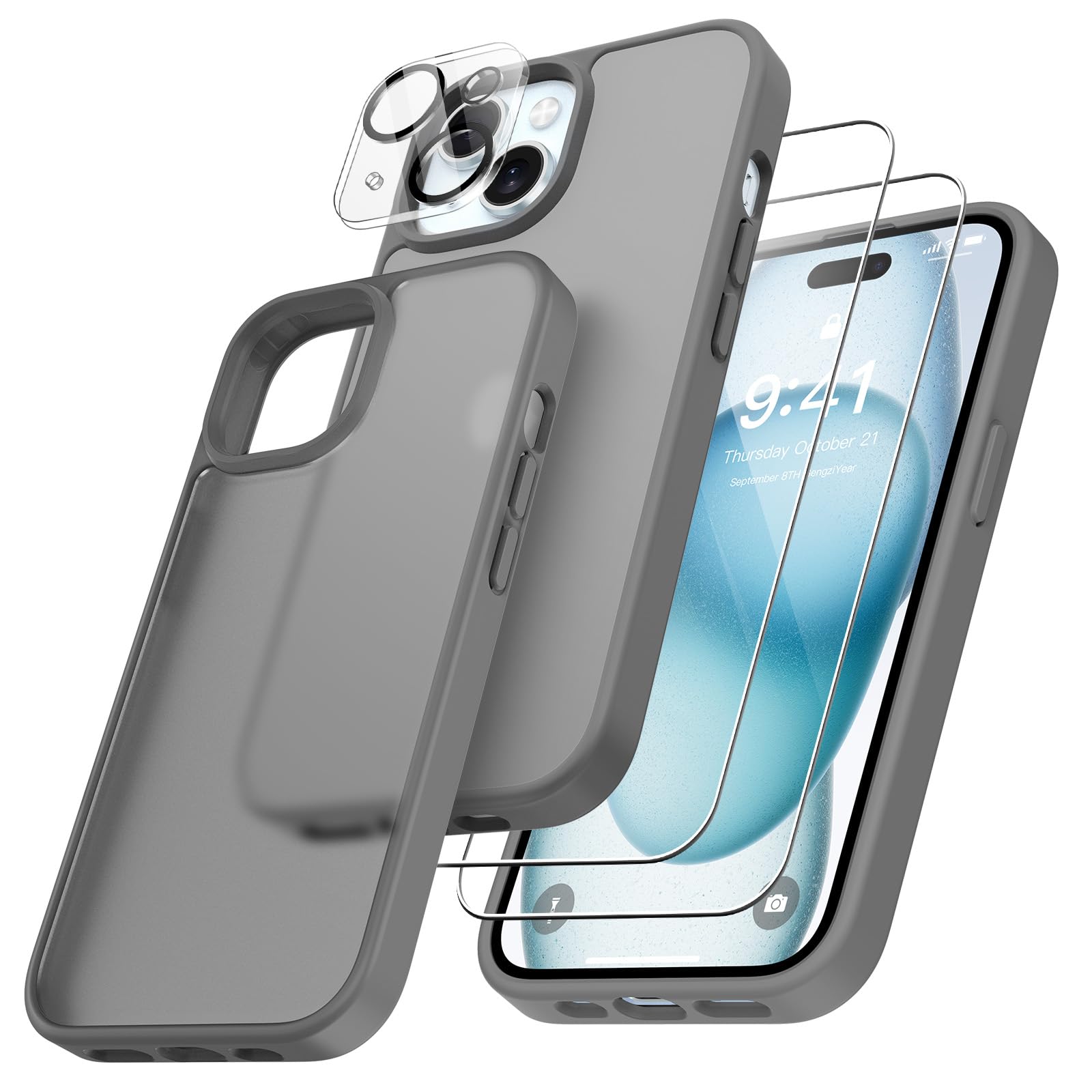 FLLAO Custodia 4 In 1 Per IPhone 15 6,1'' – Blu Chiaro, Con 2 Pellicole Vetro Temperato E Protezione Fotocamera, Antiurto Cuscino D'Aria - 6
