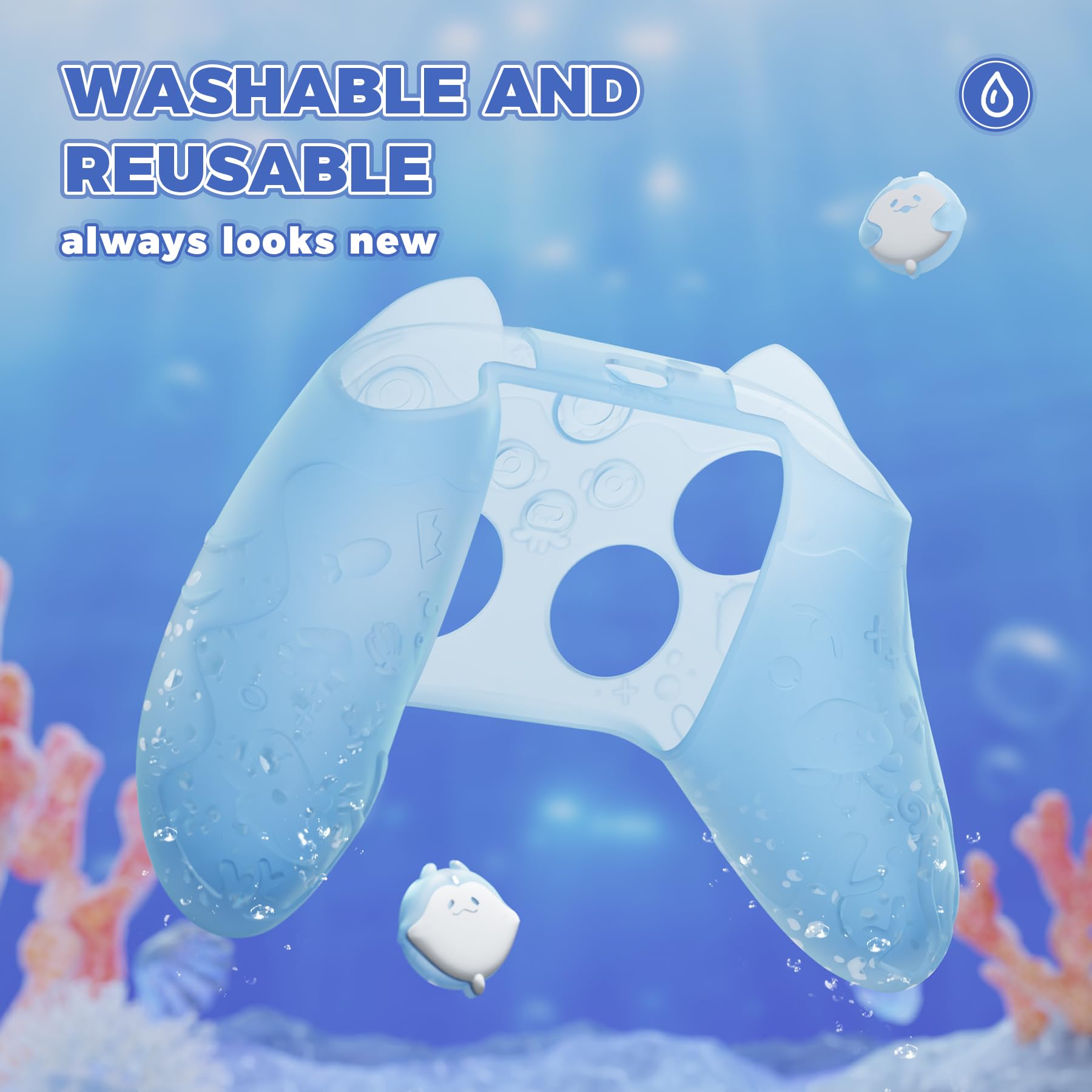 PlayVital Funda de Silicona para Xbox Series S/X Mando, Carcasa Protectora Antideslizante Semi-Transparente, Protección Completa, Incluye Thumb Grips y Sticker - Cute Ocean Whisper (Azul Menta)