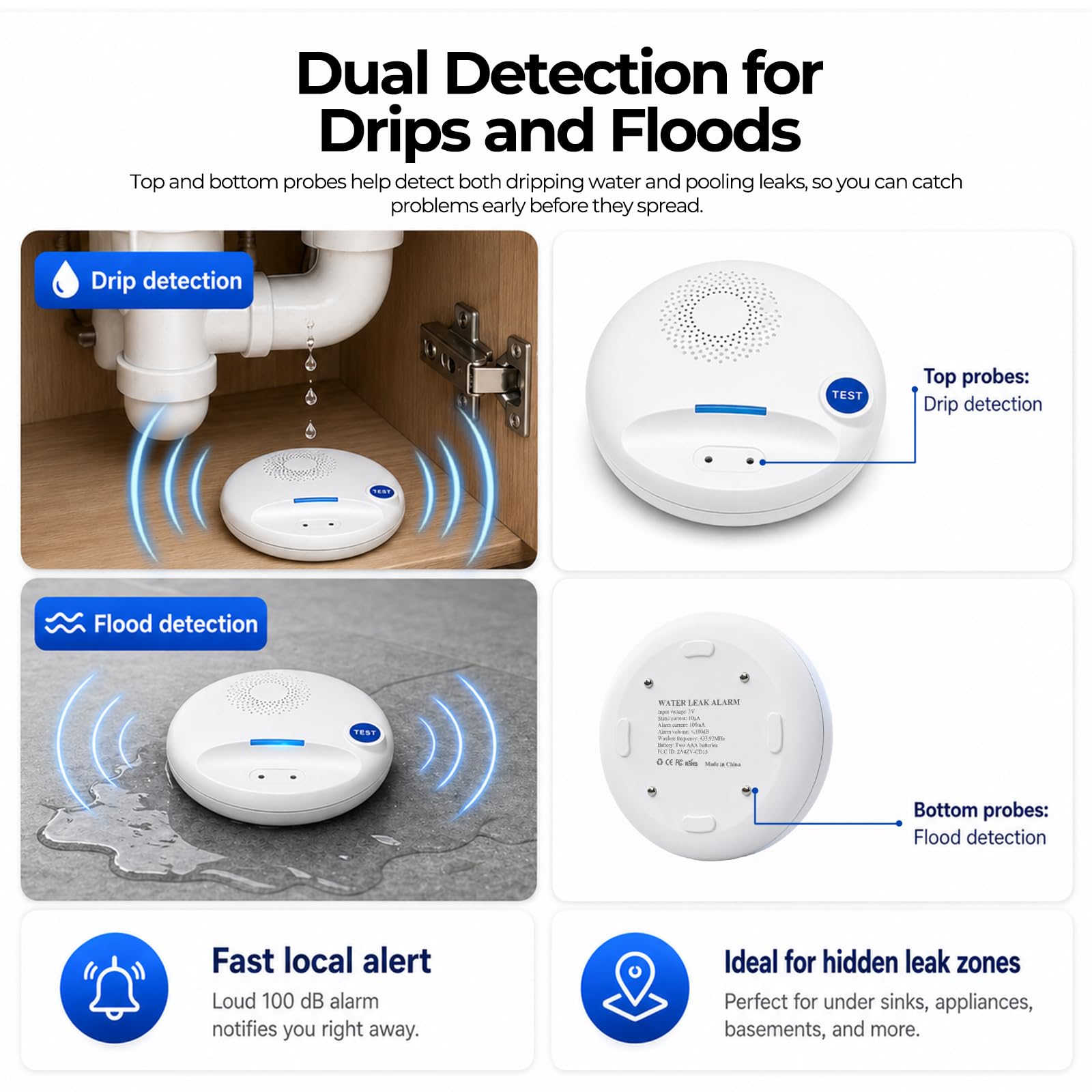 Detector de Fugas de Agua inalámbrico con Doble sonda – Alarma 100 dB, IP67 Resistente al Agua, Funciona autónomo o con Smart Hub, para sótano, Cocina, lavandería & baño