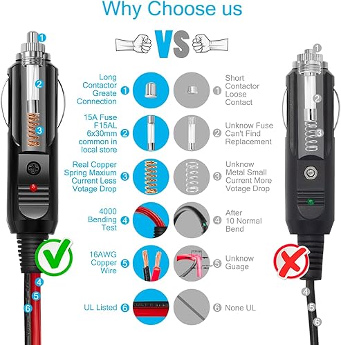 Miniatura 2 de Chanzon Cable de extensión para encendedor de cigarrillos de automóvil de 12 V24 V, cable UL 16 AWG de 6 pies12 pies con fusible de 15 A, conector