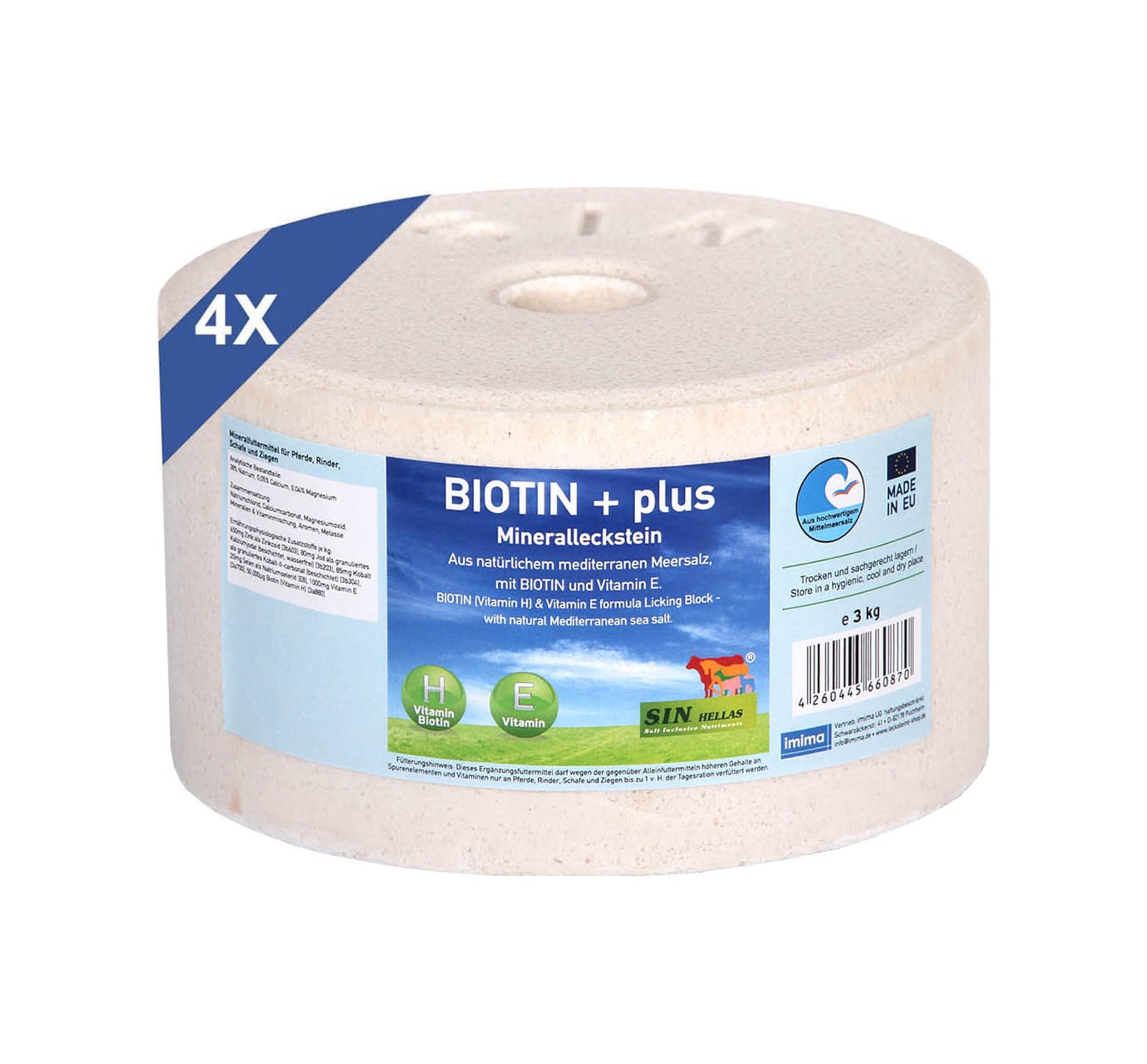 Salt Lick for Horses – BIOTIN+ Plus Mineral Block with Biotin & Vitamin E – Set 4 x 3kg Mediterranean Sea Salt – Supports Hoof Health, Coat Quality & Immunity for Horses, Cattle, Sheep & Goats