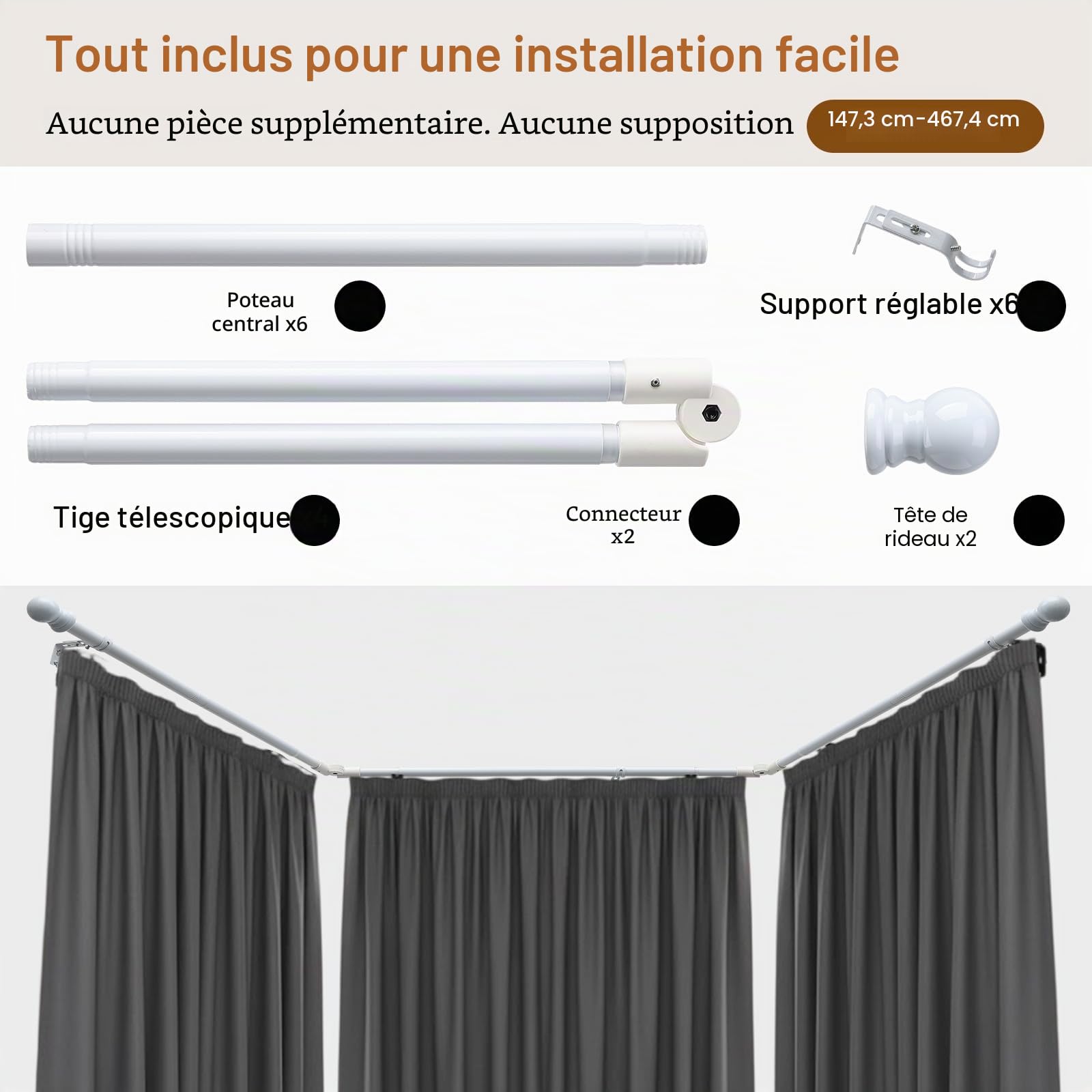 Tringle à rideaux d'angle réglable et robuste en forme de U avec supports pour fenêtres – 91,4 à 406,4 cm – Blanc