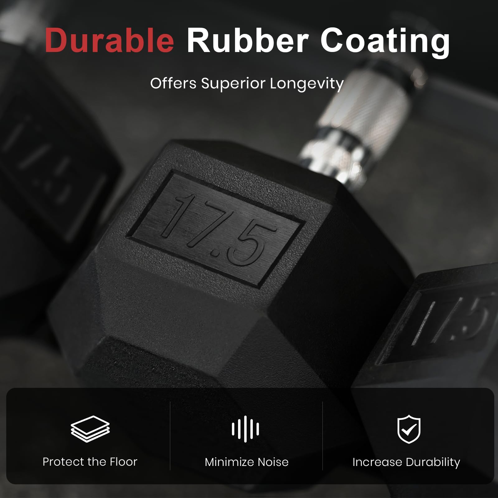 LIONSCOOL Rubber Encased Hex Dumbbells in Pairs or Single, Hand Dumbbell Weight with Metal Handle for Strength Training, Resistance Training, Build Muscle and Full Body Workout, 5-65lbs (17.5LB PAIR)