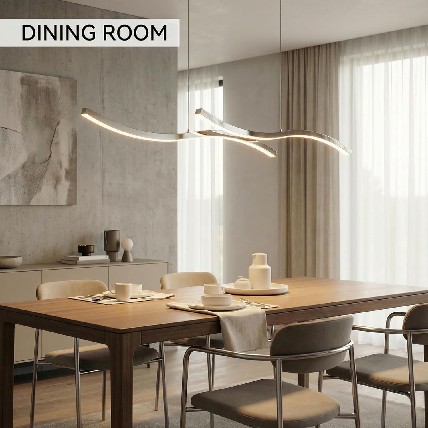 Ribbonflow 45'' Modern LED Pendant Light - Dimmable via Remote & APP, 35W Smart Hanging Lamp for Dining Room, Kitchen Island, Office (Chrome Finish)