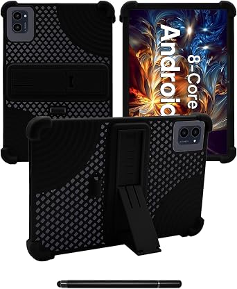 for ApoloSign EM101A 10 inch Android Tablet Case,BOVUGAC Soft Silicone with Capacitive Pen,Heat Dissipation Design,Adjustable Stand,Shockproof,Kids FriendlyBlack