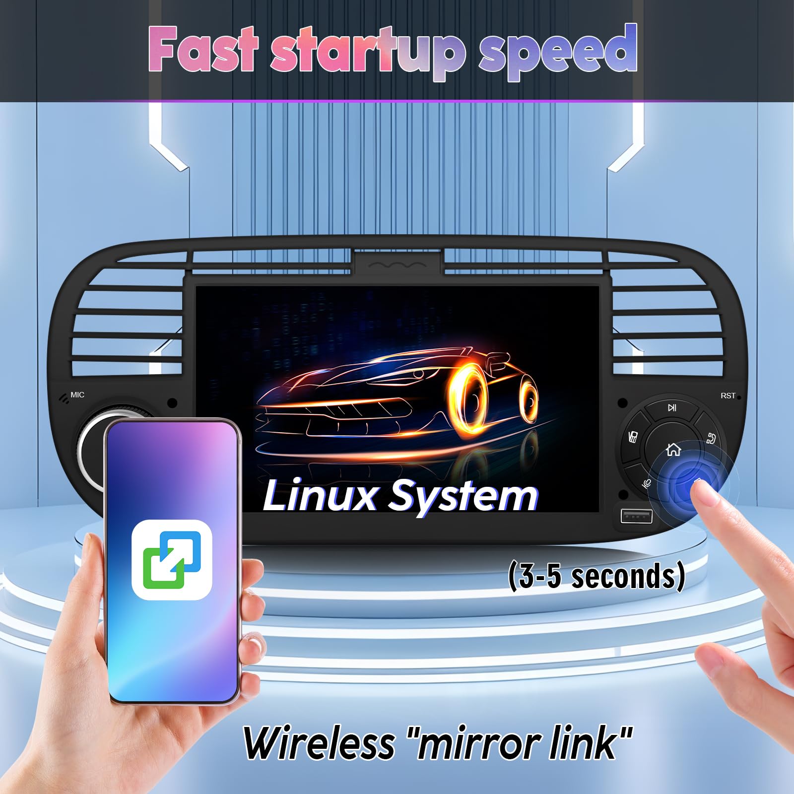 Autoradio con Sistema Linux e schermo IPS da 7 pollici, compatibile con Fiat 500 (2007-2015)| CarPlay & Android Auto wireless integrati | Supporta AM/FM/RDS | DSP/USB/Bluetooth/Microfono nero