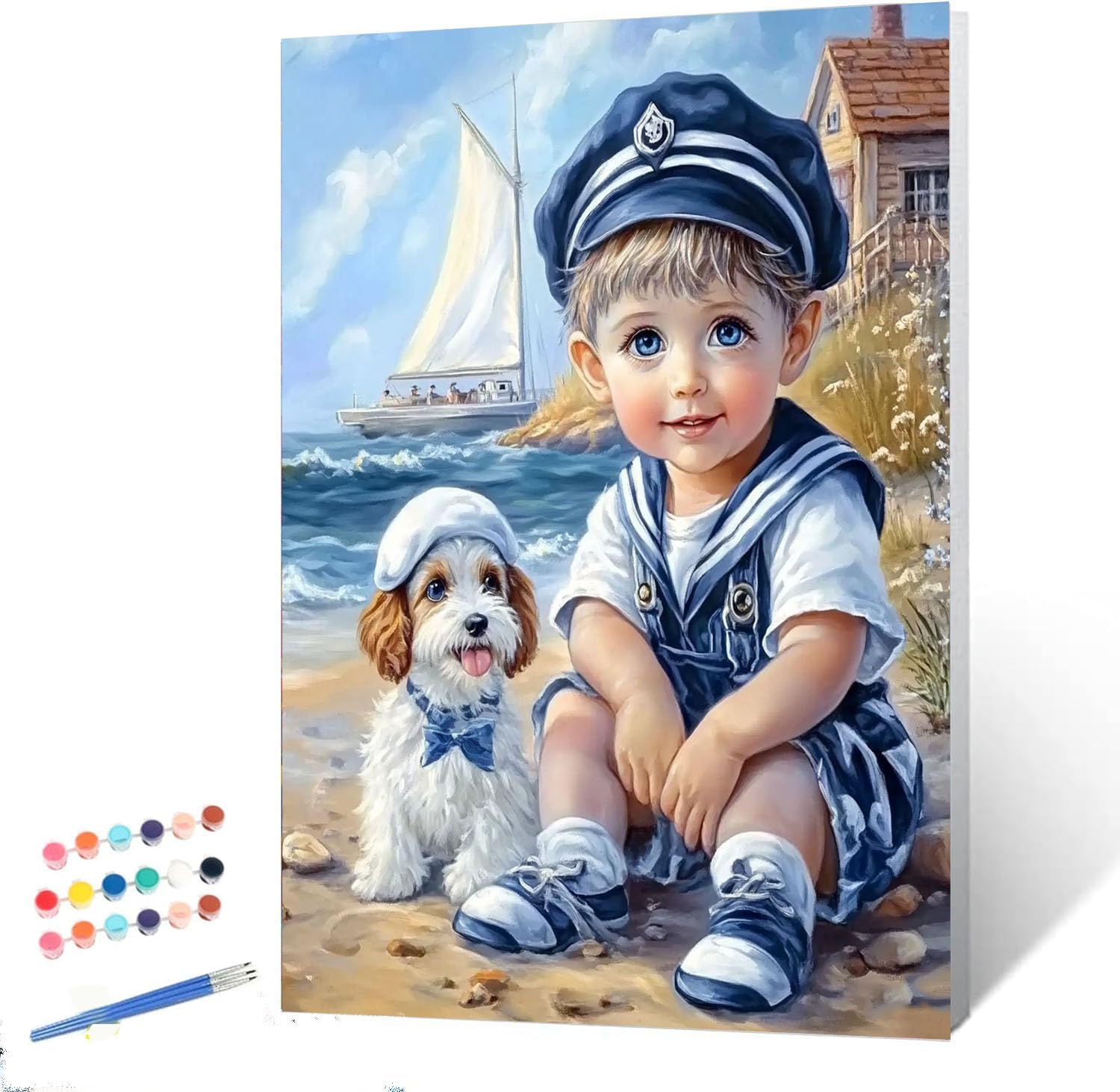 Little Boy in a Navy Uniform and His Dog Paint by Numbers for Adults Beginners Seaside View DIY Acrylic Painting Kits on Canvas Strong Colors Oil Paintwork for Home Decor 16x20inch(with Frame)