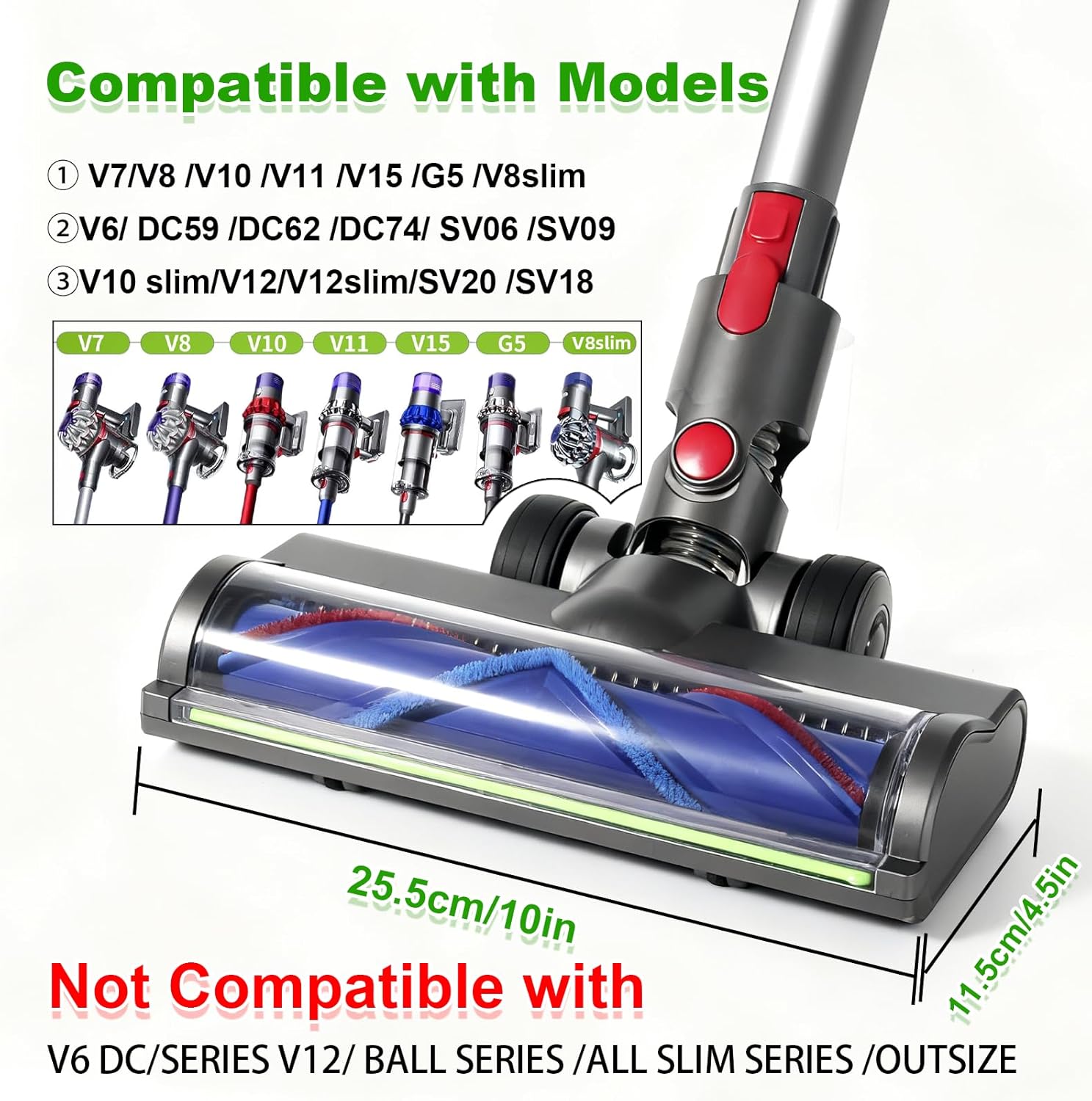 Upgraded Anti-Tangle Replacement Vacuum Cleaner Head With LED Green Light, Compatible With Dyson V15 V11 V10 V7 G5 V8 Slim Cordless Vacuum Cleaner Head Replacement Quick-Release Design Dyson v8 head