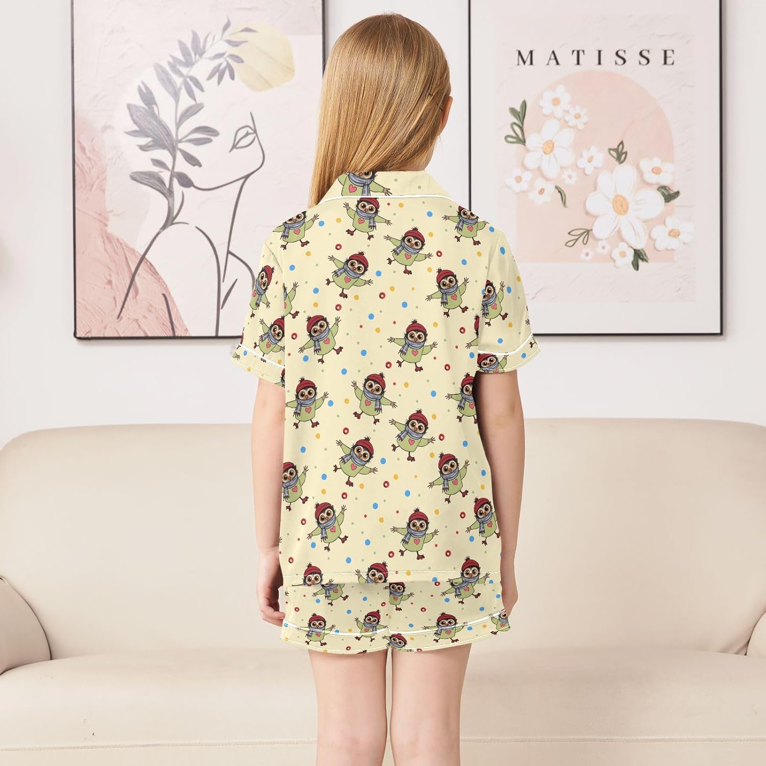Kids Satin Wear Set Owl Hats Pattern Relaxing Clothing Short Sleeve and Shorts