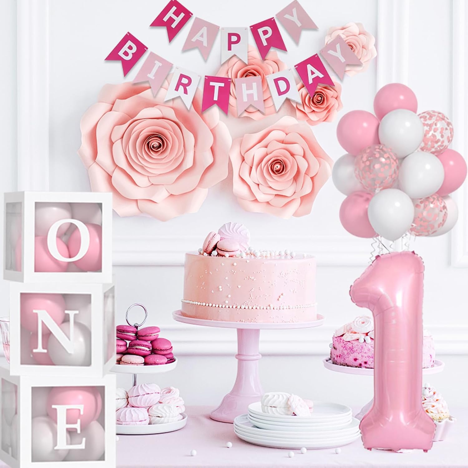 Baby Girl First Birthday Decorations-Pastel Pink White Balloons, 40 Inch Pink 1 Balloons, Happy Birthday Banner One Balloon Boxes For 1 Year Old Girl BD Decorations - Image 6