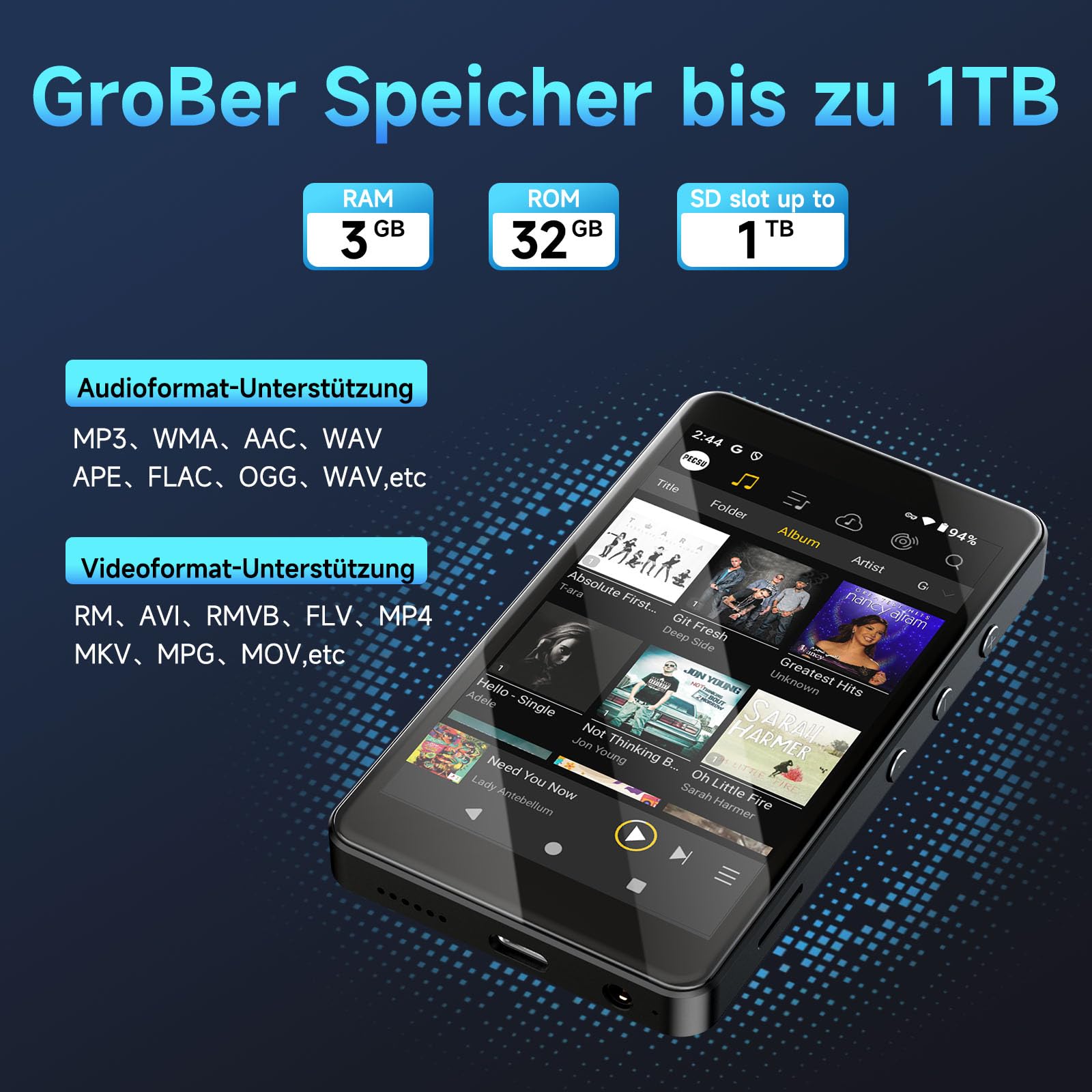 PECSU Android 14 MP3-Player mit Spotify, Play Store, Amazon Music, Audible, Libby, 4-Zoll-Touchscreen-MP4-Musikplayer für Kinder mit Kindersicherung, Augenschutzmodus, 2000mAh (Schwarz)