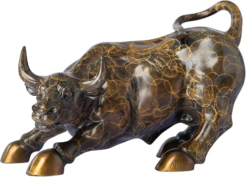 Bronze Wall Street Bull Statue 11" Solid Brass Charging Ox with Golden Vein Finish, Heavyweight Feng Shui Wealth Figurine, Luxury Home & Office Decor Gift