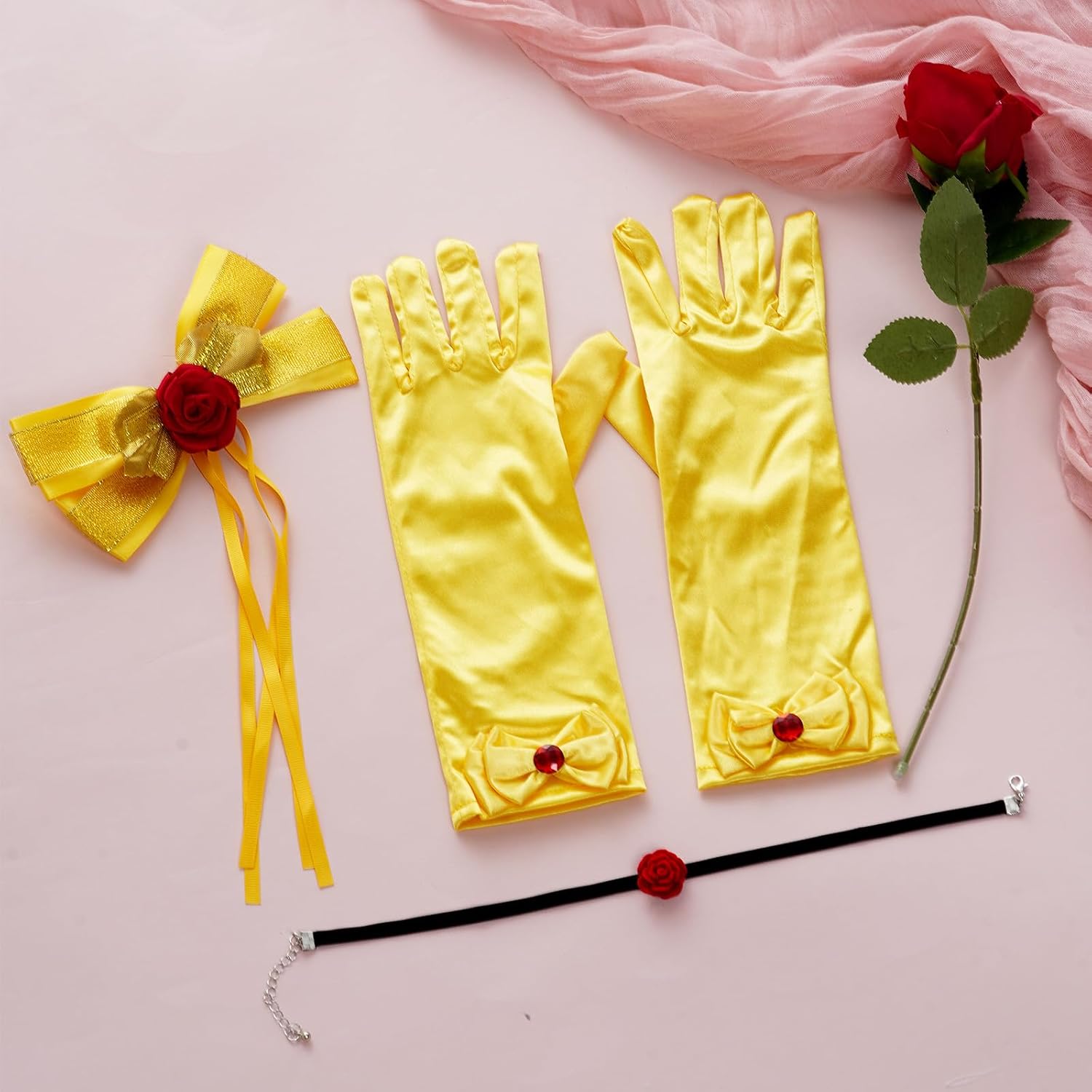 5PCS Princess Costume Accessories Set Princess Hair Bow Clips Gloves Necklace Rose Flower for Halloween Cosplay Party