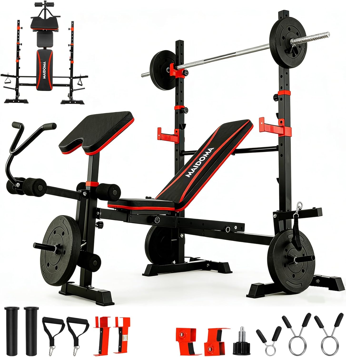 MAIDOMA Foldable 1500lbs 8-in-1 Olympic Weight Bench Set w/ Leg Extension, Squat Rack, Preacher Curl - Adjustable Incline Decline Home Gym