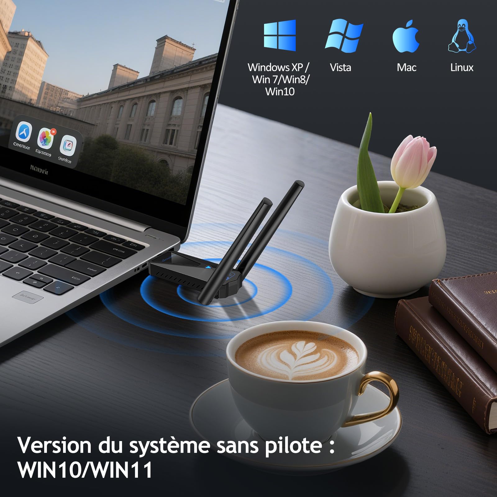 ElecMoga Clé WiFi 1300Mbps USB 3.0 Dual Band 2.4GHz/5GHz Antenne 2x5dBi Compatible Windows 11/10/8/7/Vista/XP Mac Linux