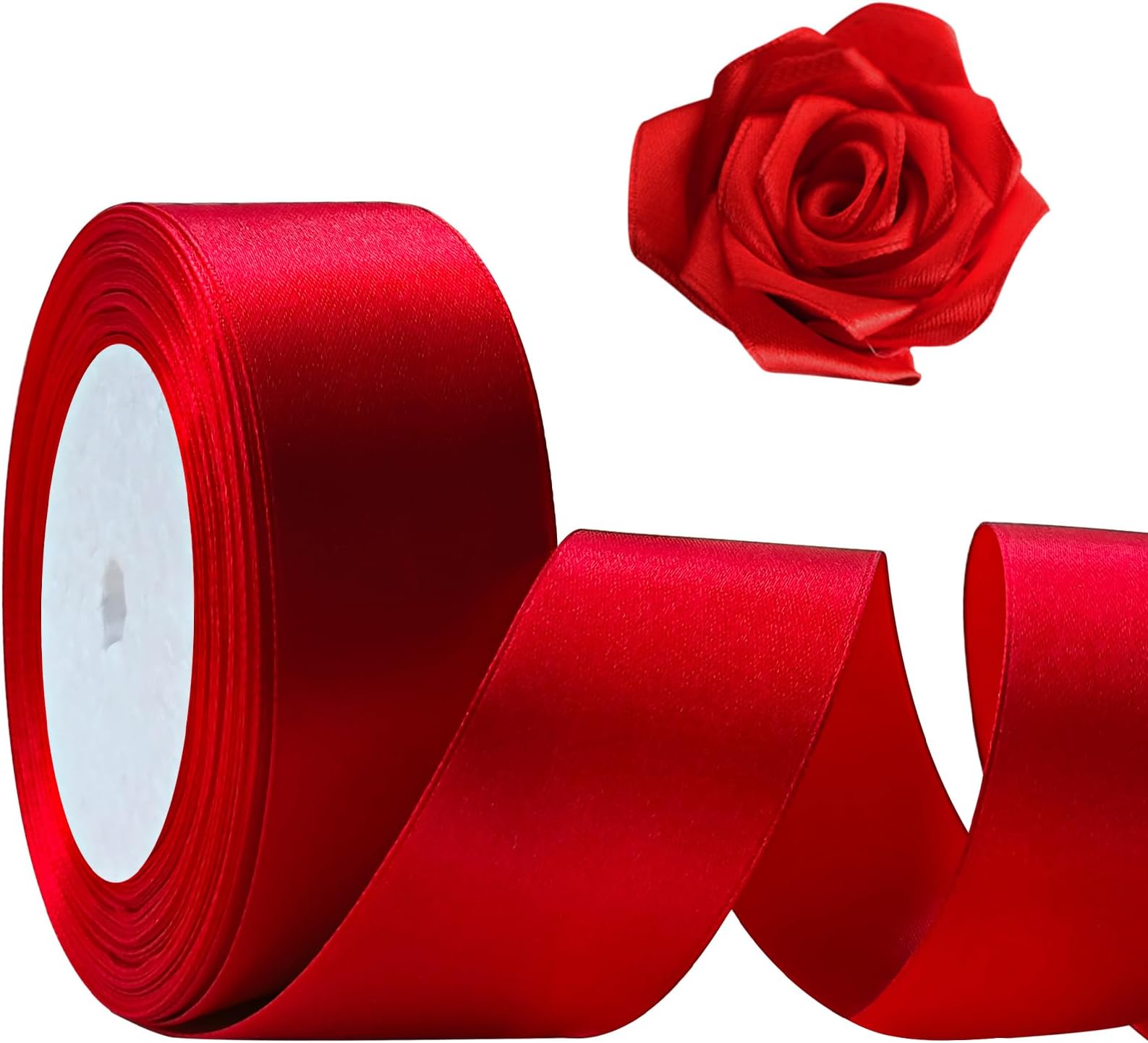 Flezoo 25 Yards Red Satin Ribbon 1 1/2inch, Single Face Polyester Silk Fabric Hair String Ribbon for Craft, Flower Bouquets, Gift Wrapping, Wedding, Bow Making and Valentines Decoration