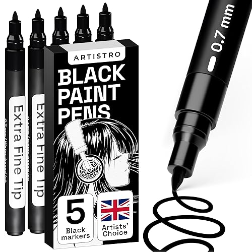 ARTISTRO 5 Black Paint Pens set for Rock Painting, Stone, Ceramic, Glass, Wood, Tire, Fabric, Metal, Canvas. Calligraphy Pen, Black Markers for Acrylic Painting Extra Fine Point Tip - 5 Black Extra-Fine