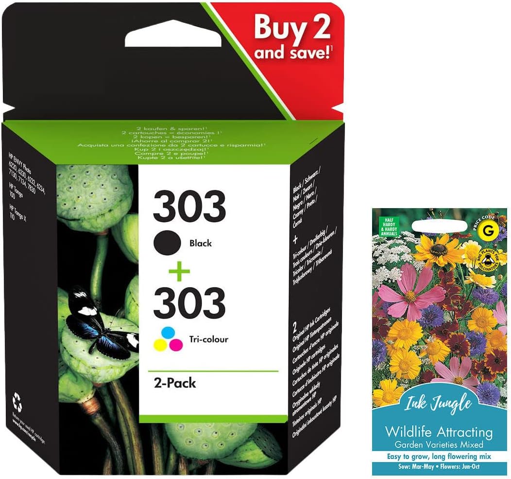 Ink Jungle 303 Black & Tri-Colour Original Ink Cartridge Combo Pack For ENVY Photo 6220 6230 6232 6234 7120 7130 7132 7134 7820 7830 7832 TANGO X Printers Replaces HP 303