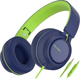 AILIHEN C8 Headphones Wired with Microphone and Volume Control Folding Lightweight Corded 3.5mm Headset for Boys Girl School Cellphones Tablets Chromebook Laptop Computer Mp3/4 (Blue Green)