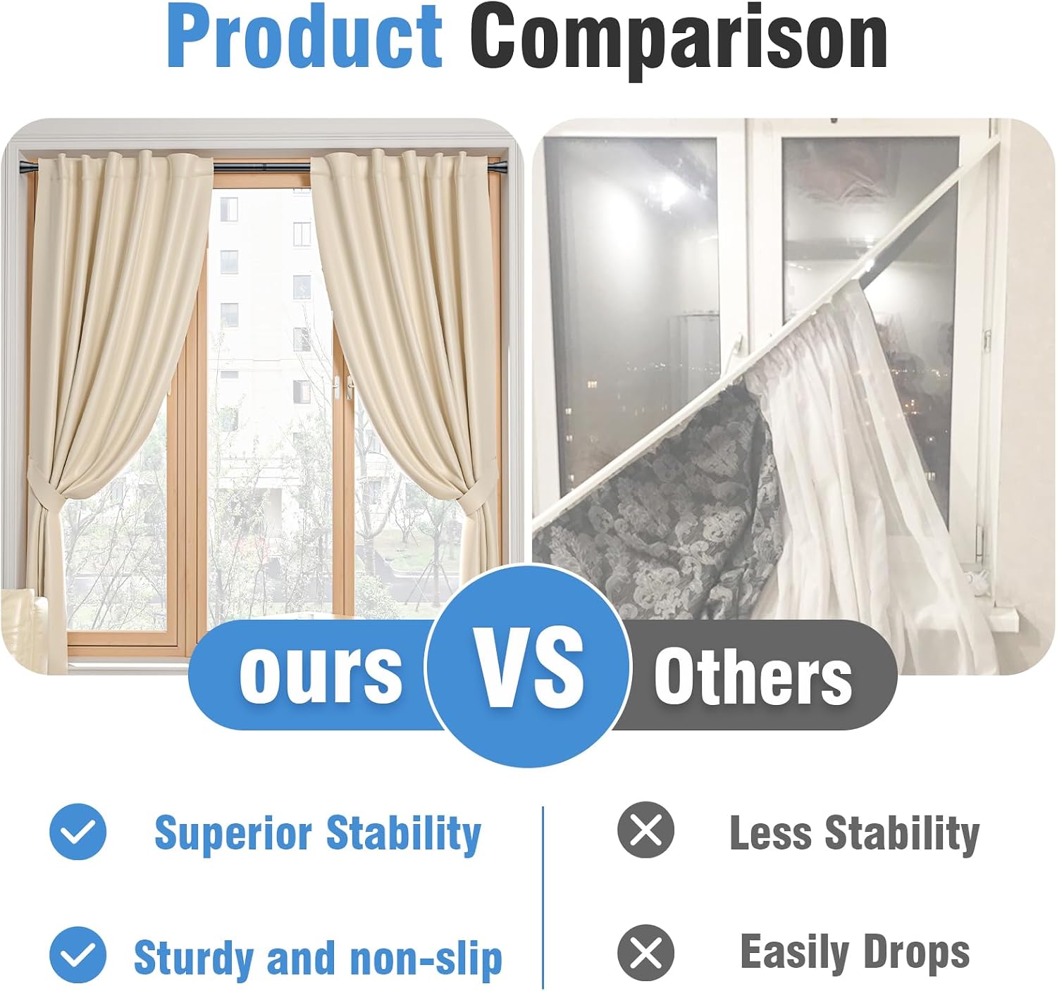 AIZESI 2 Pack Tension Curtain Rod for Windows 45 to 77 Inch, Adjustable Expandable Spring Curtain Rods No Drilling, Non Slip Curtain Rod for Bedroom Doorway Closet, Black