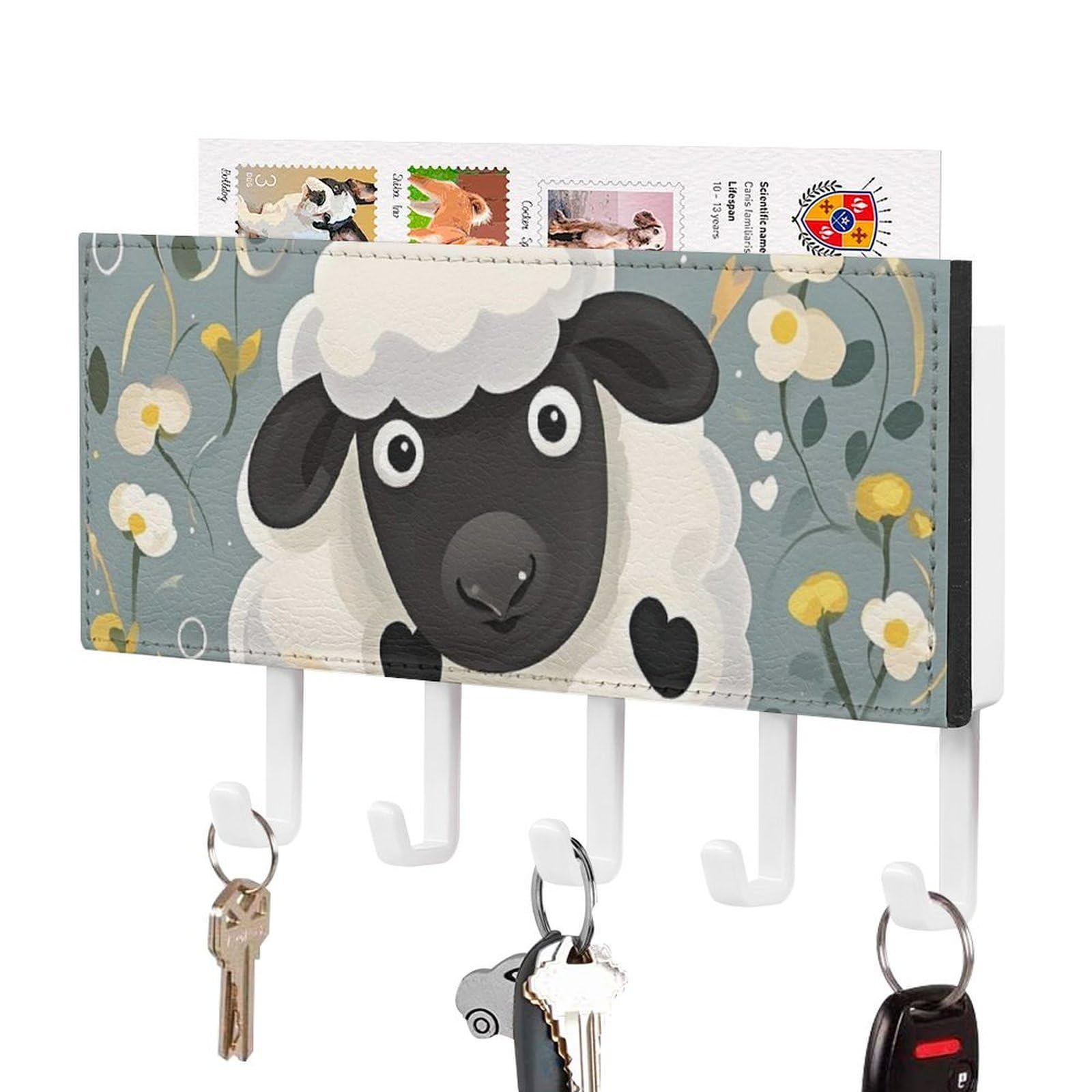 DWVTSLH Cartoon Black White Sheep Key Holder for Wall, Decorative Key Hooks with Mail Organizer & 5 Hooks, Self Adhesive Leather Key Hanger for Entryway, Wall Mounted Key Rack (7.1” X 4.3” X 0.9”)