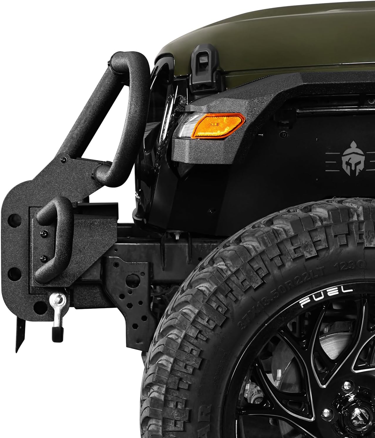 Close-up of the Hooke Road Front Bumper's side attachment point on a Jeep, showing the robust mounting and tubular design.