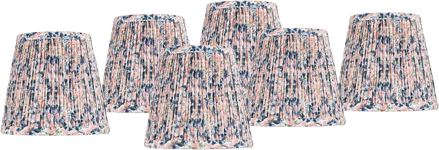 4" Top x 6" Bottom x 5 1/2" High x 5 1/2" Slant Cottage Core Lamp Shade (Pre-Assembled) Replacement Set of 6 Small Pink Blue Empire Round Modern Fabric Shirred Pleated Floral Clip On - Springcrest