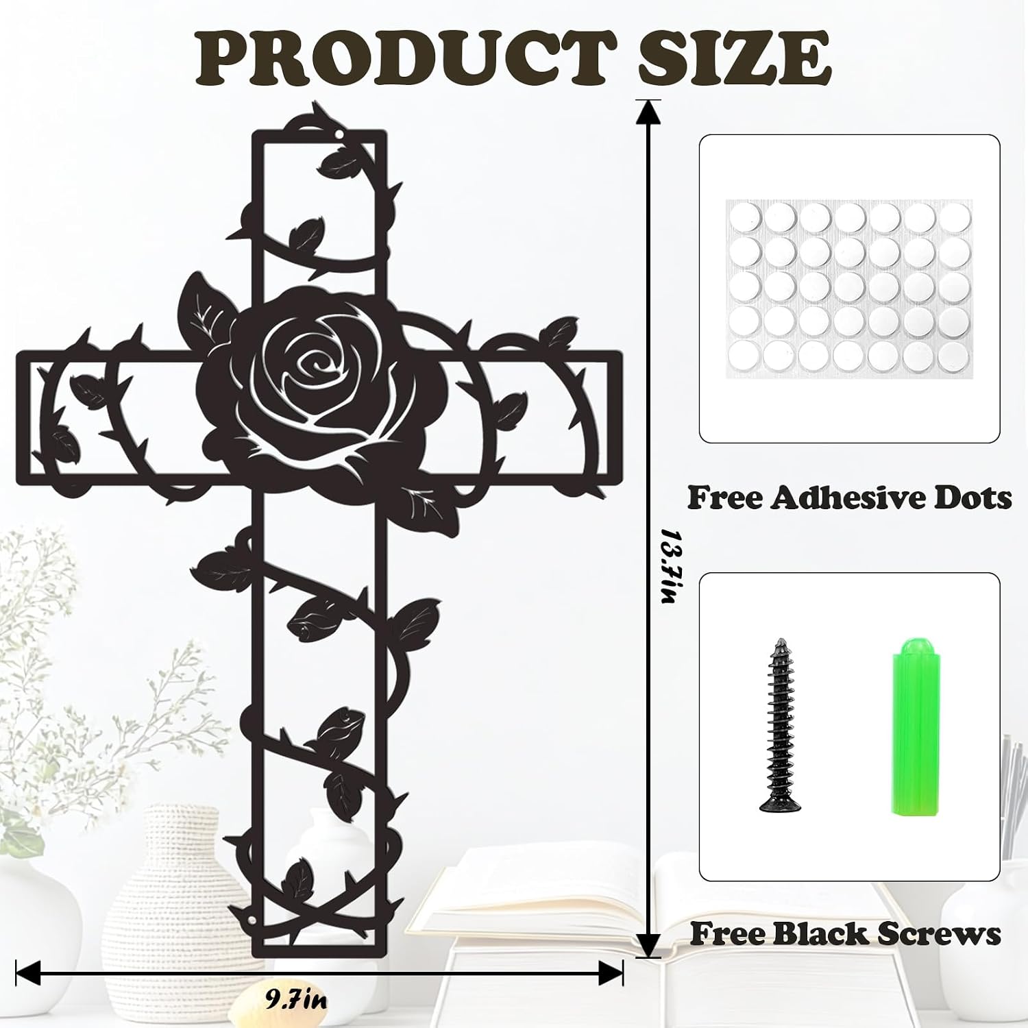 Zzbakress Metal Rose Cross Wall Decor Unique Elegant Black Cross Wall Art Modern Hollow-Carved Design Metal Cirrus Home Decor for Living Room,Bedroom,Kitchen,Dining Room (Unique)