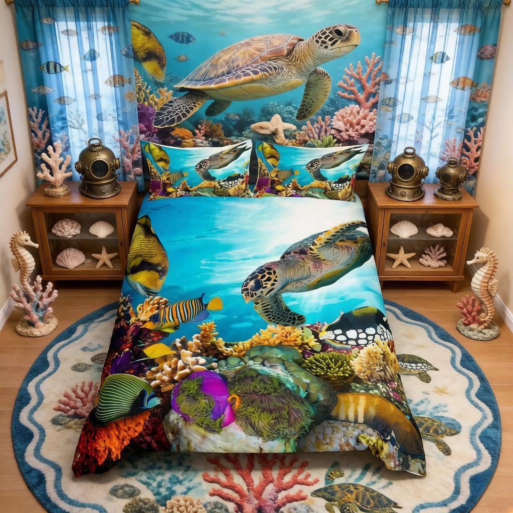 Underwater World Bedding Set 3D Sea Turtle Tropical Fish Print Comforter Cover for Kids Boys Girls Teens Sealife Ocean Theme Duvet Cover Luxury Bedroom Decor 2Pcs Bedclothes Junior/Cot Bed Size