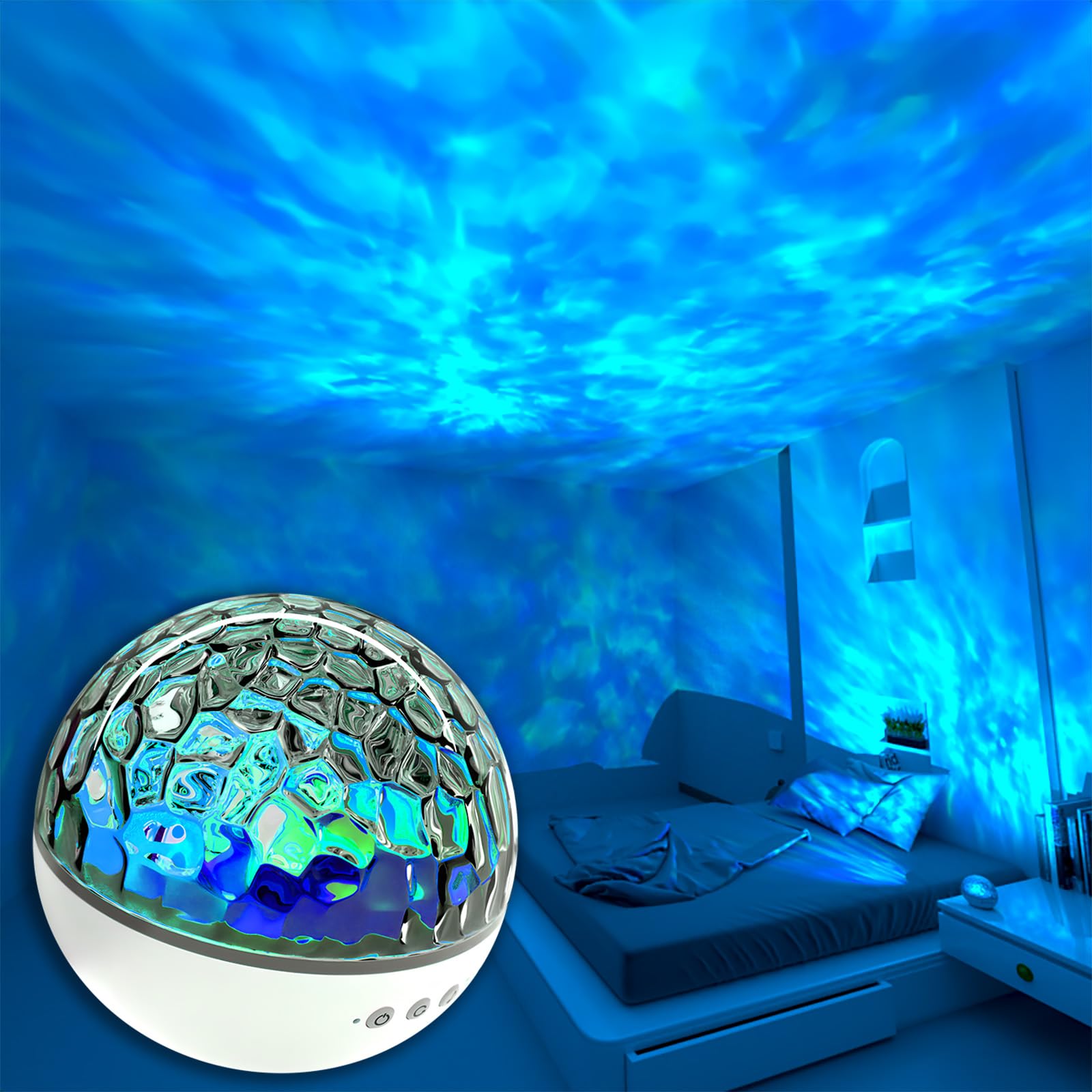 Colorful Life Ocean Wave Projector Light with Music Box, Rotating Water Ripple Night Light for Bedroom Decor, USB Powered LED Mood Lampt (Blue, Green,