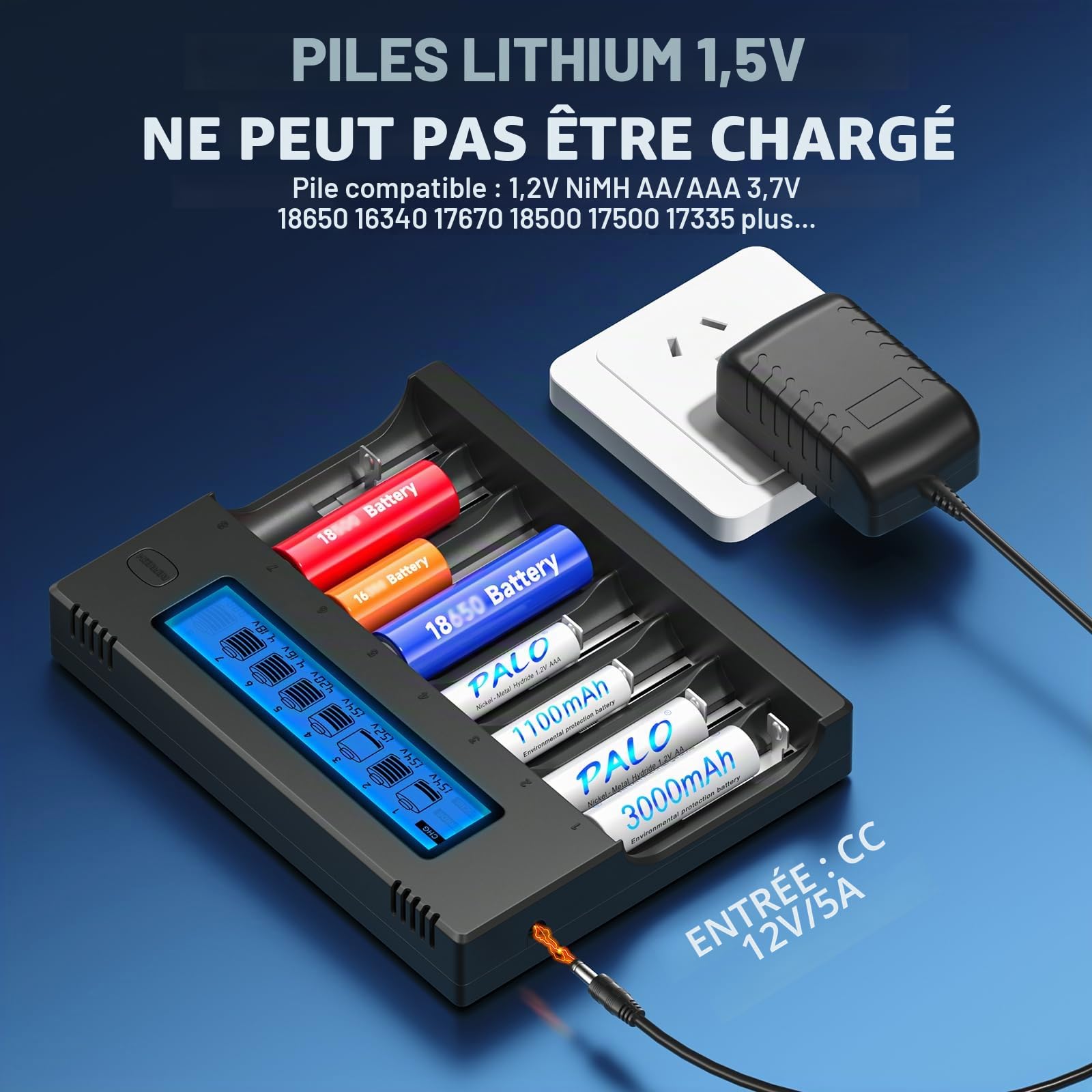 18650 21700 Chargeur de Batterie avec Fonction de Décharge - pour 3,7 V Li-ION 26650 18650 18490 18350 18500 17500 17670 16340(RCR123) 14500 10440 CR123A et 1,2 V AA/AAA Piles