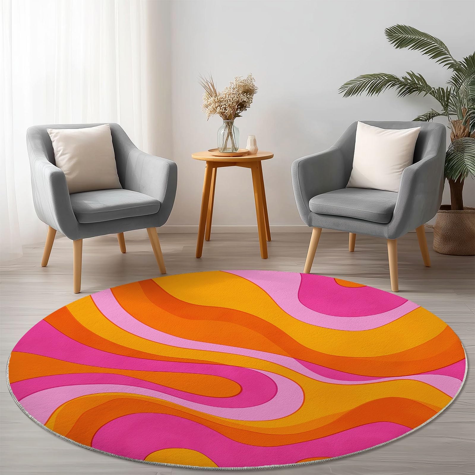 Generisch Runder Teppich 120 cm Vintage-Modekurven, rutschfest Teppiche Wohnzimmer, Waschbar Kurzflor, Weich Rosa Orange für Wohnzimmer Schlafzimmer Studie