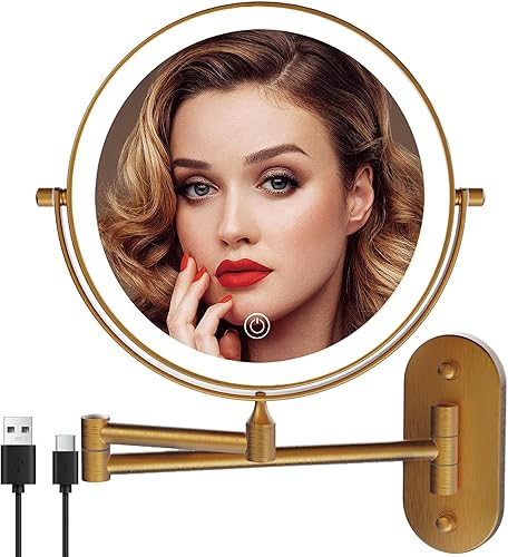 Espejo de tocador de maquillaje iluminado para montaje en la pared, recargable de 8 pulgadas, doble cara, 1 espejo de baño con aumento 10X,